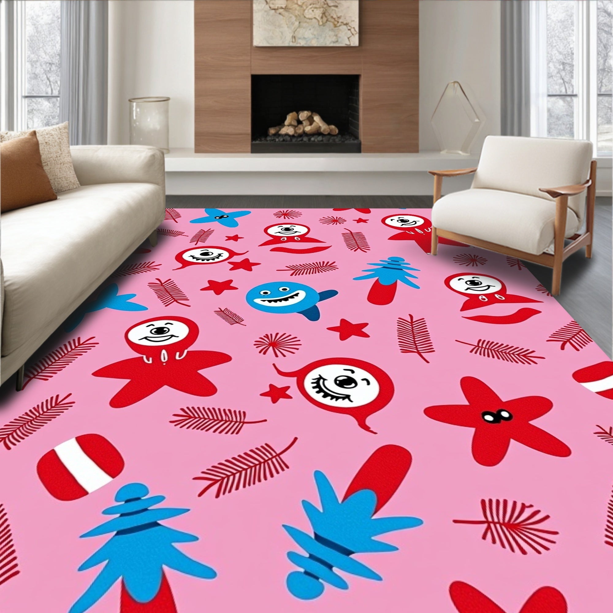 Whimsical Red Blue Characters Pink Background Rug
