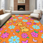 Whimsical Yellow Cats Pink Blue Flowers Rug