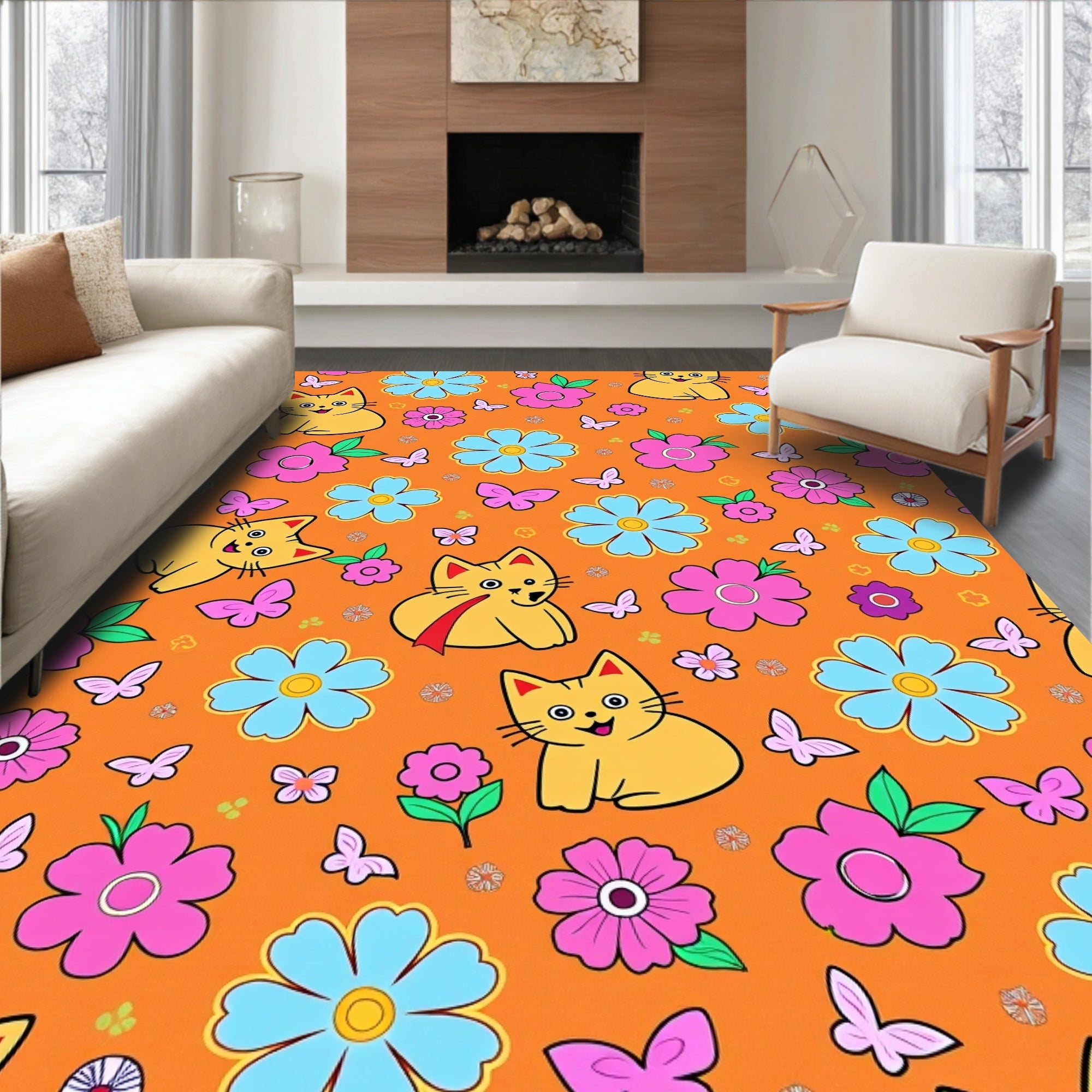 Whimsical Yellow Cats Pink Blue Flowers Rug