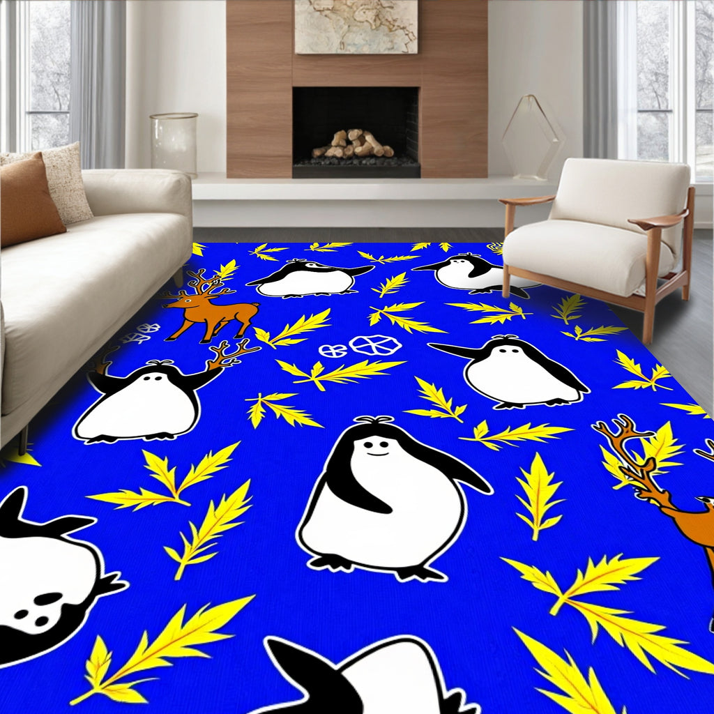 Playful Penguins And Deer Bright Yellow Leaves Rug