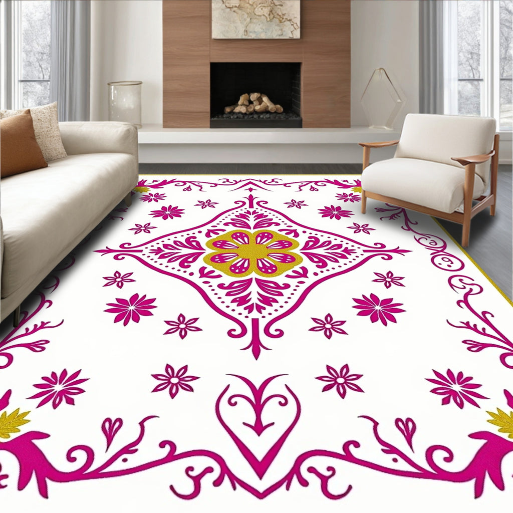 Fuchsia Gold Floral Medallion Border Rug