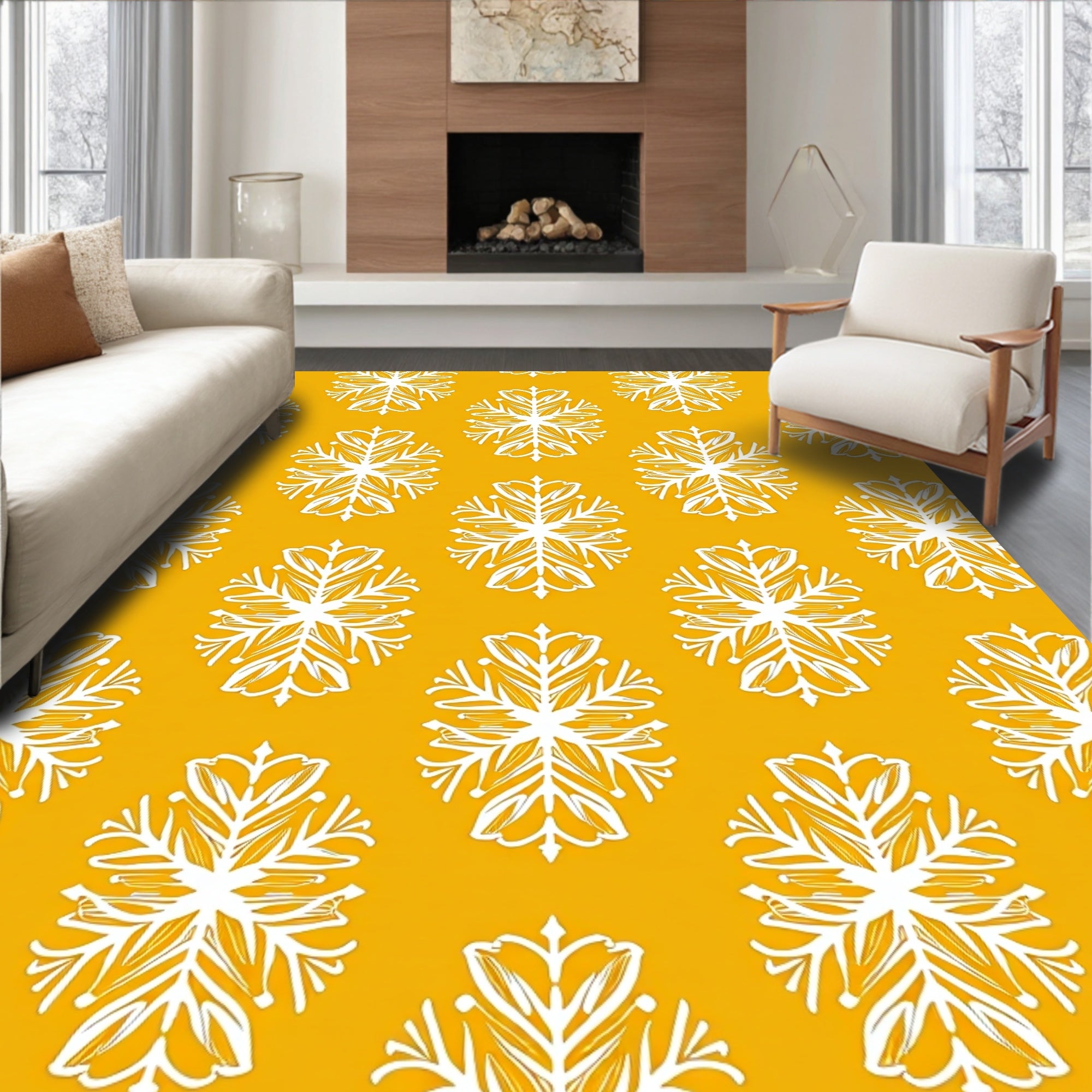 Golden White Snowflake Medallion Rug