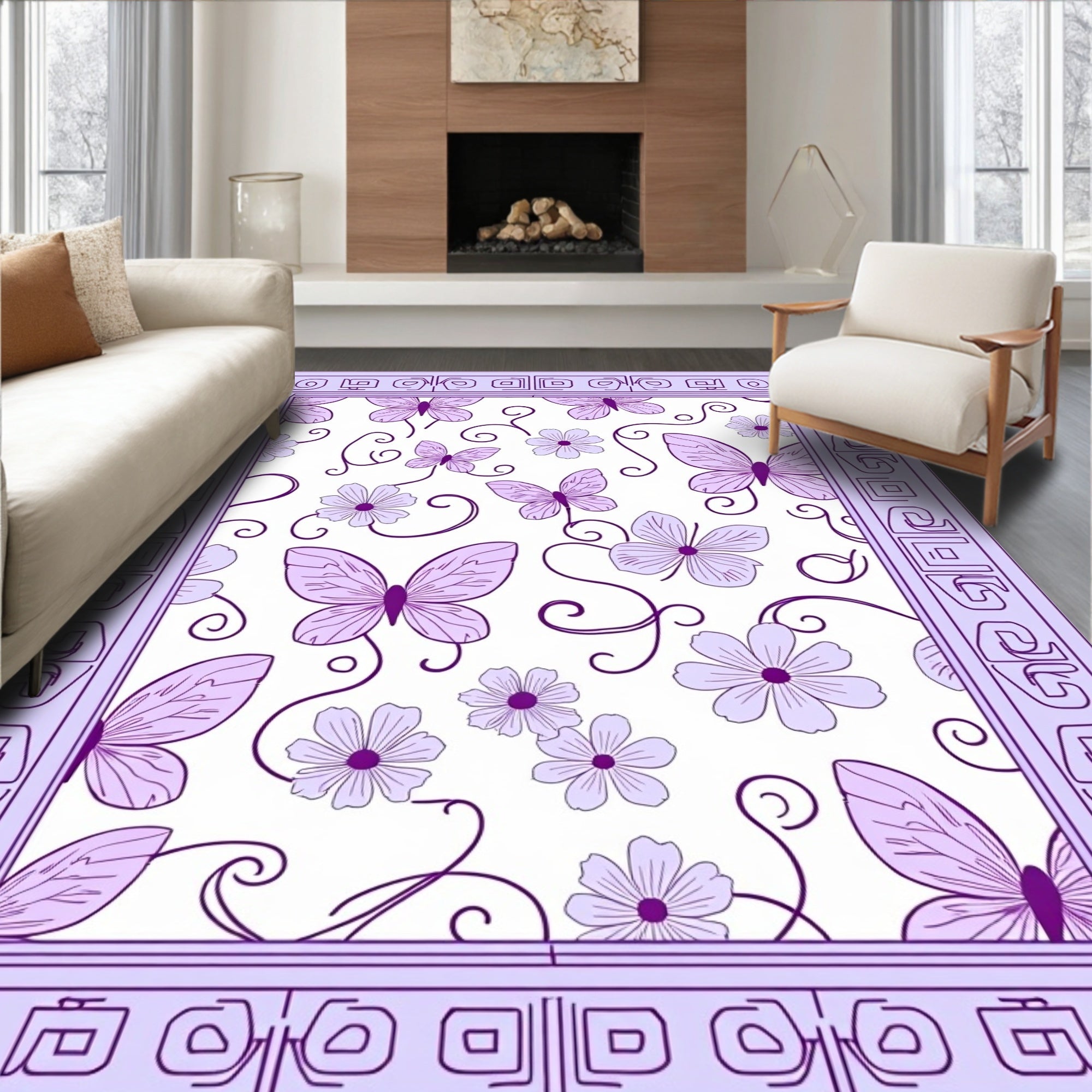 Lavender Butterflies and Flowers Meadow Rug
