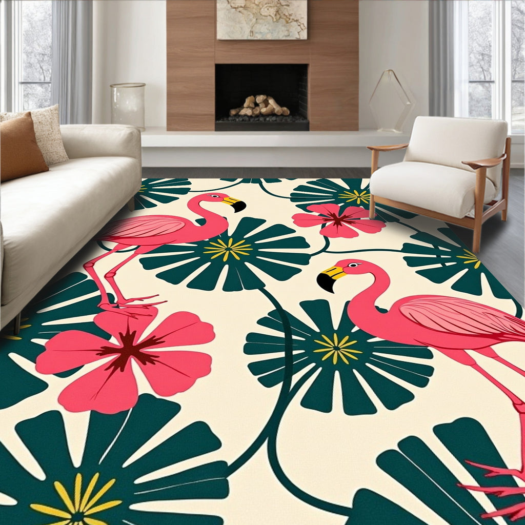 Pink Flamingo Tropical Floral Blossom Rug