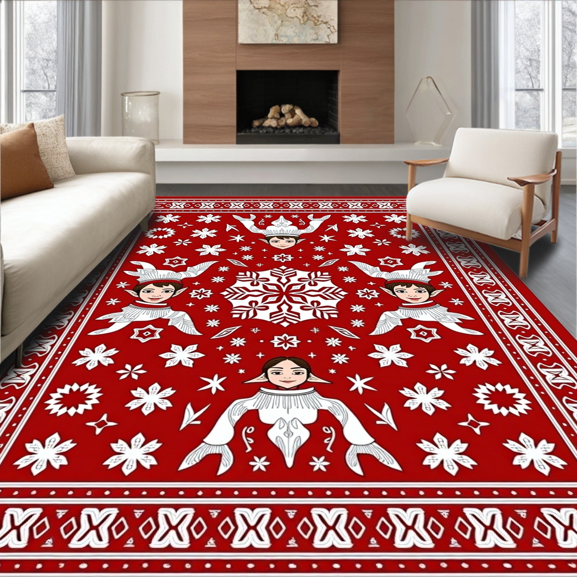 Red Festive Elf Folk Snowflake Rug
