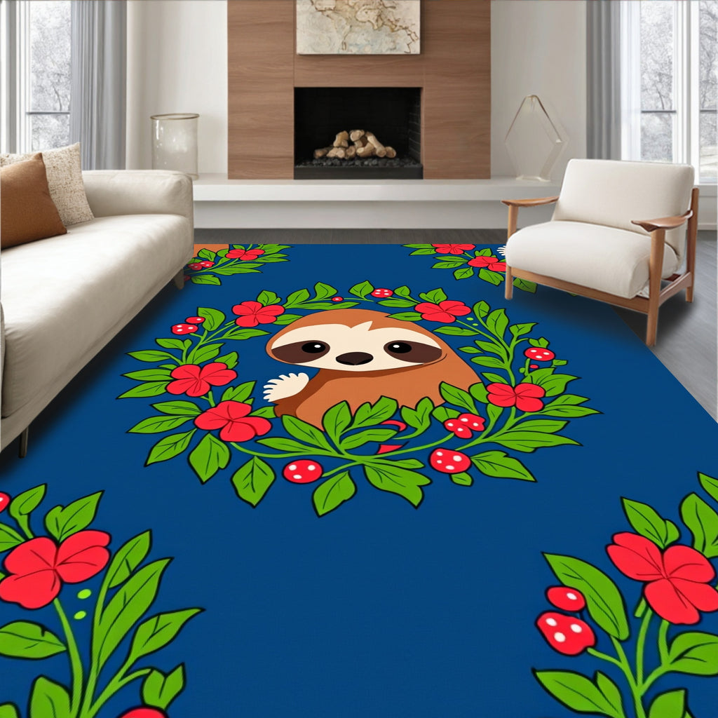Whimsical Sloth Floral Wreath Blue Rug