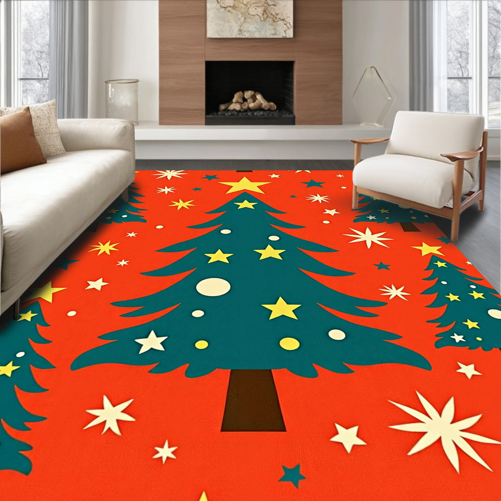 Teal Christmas Trees Yellow Star Burst Rug