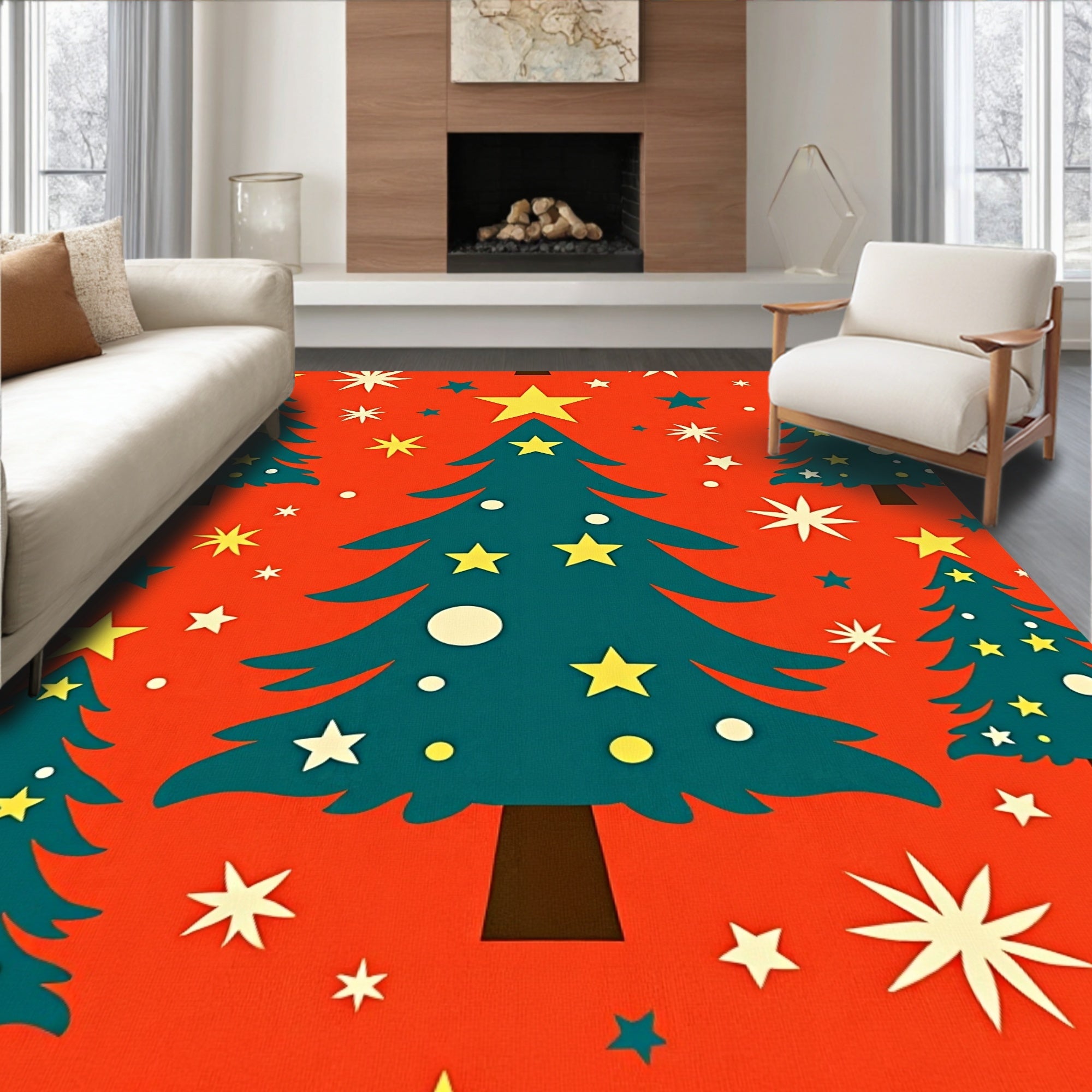 Teal Christmas Trees Yellow Star Burst Rug