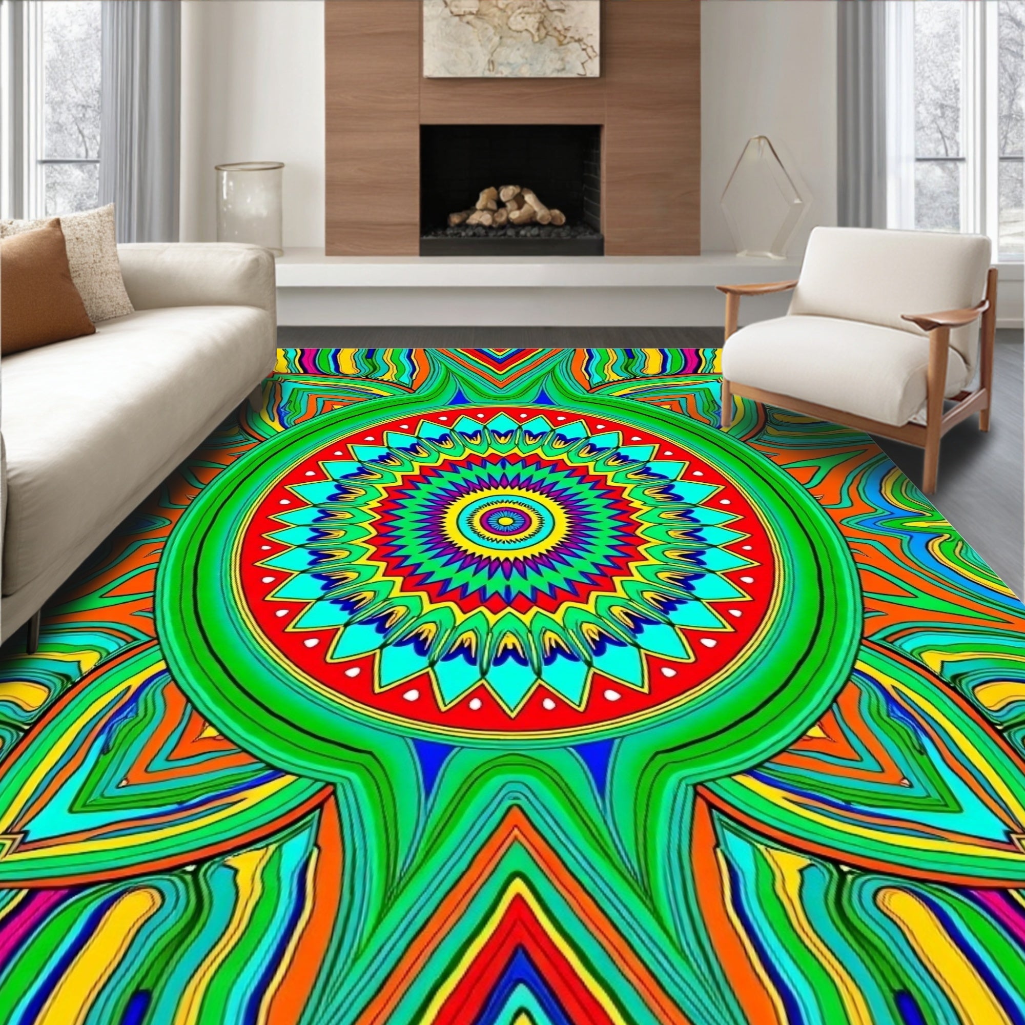 Vibrant Psychedelic Geometric Mandala Rug