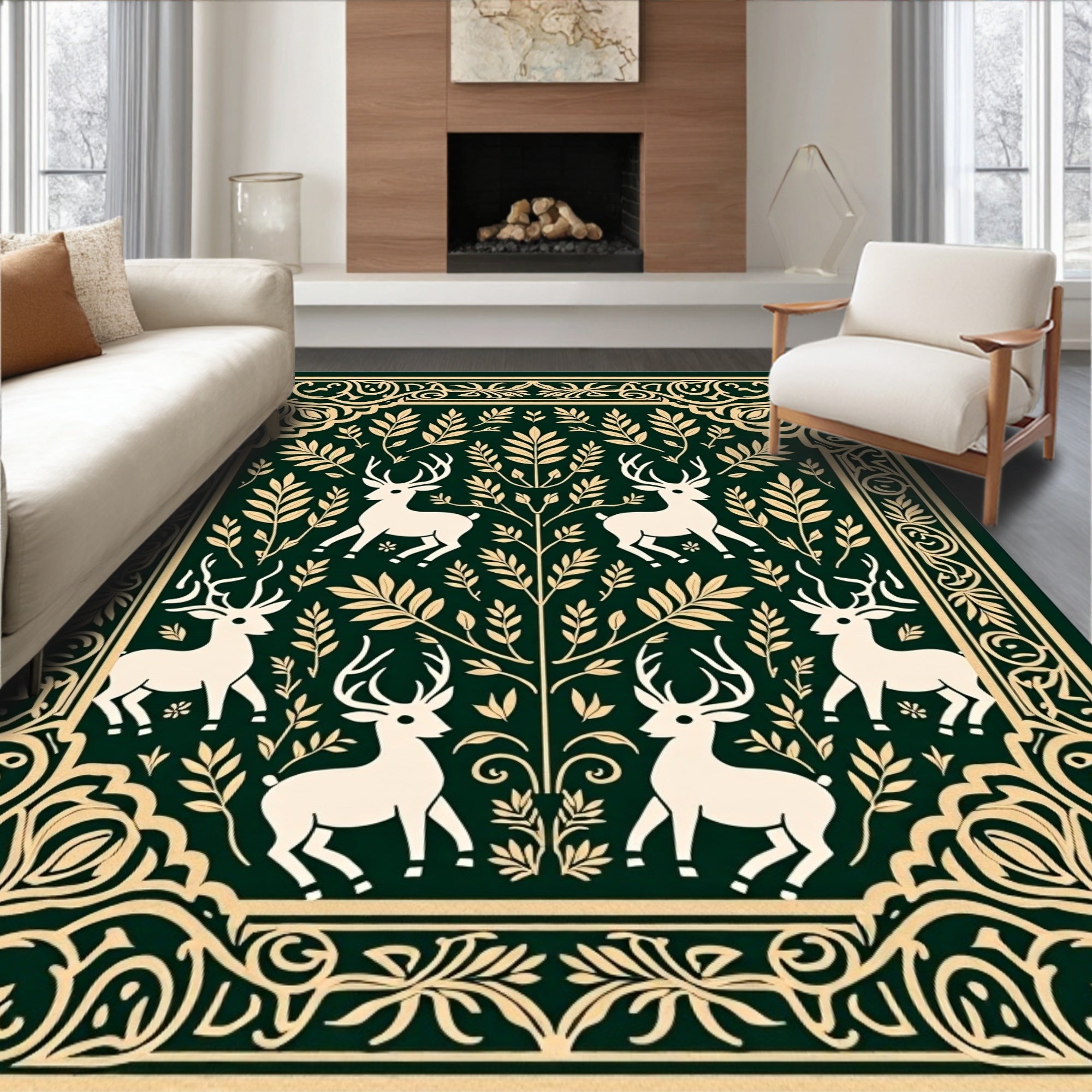 Dark Green Forest Fauna Woodland Medallion Rug