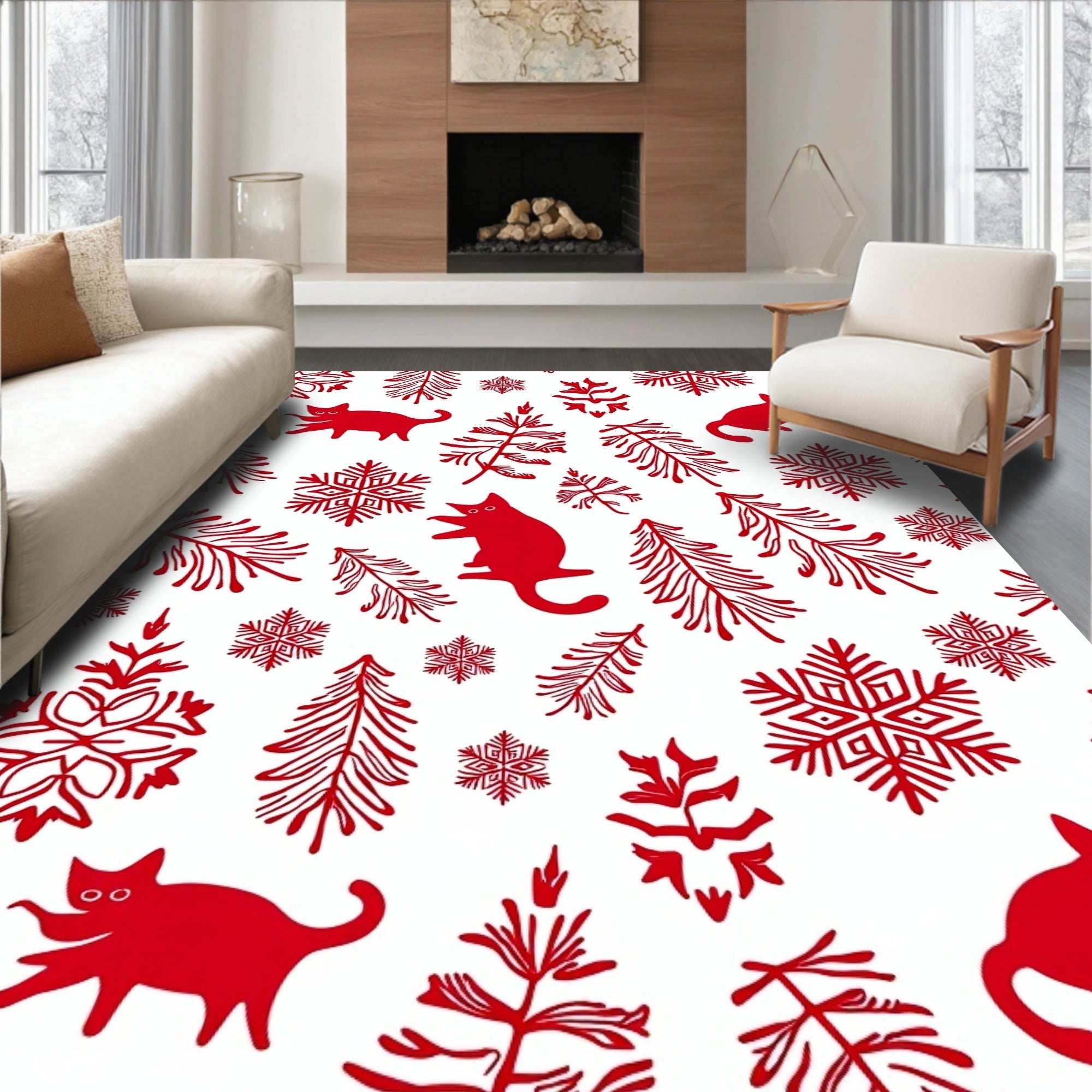 Red Cats Snowflakes And Pine Sprigs Rug