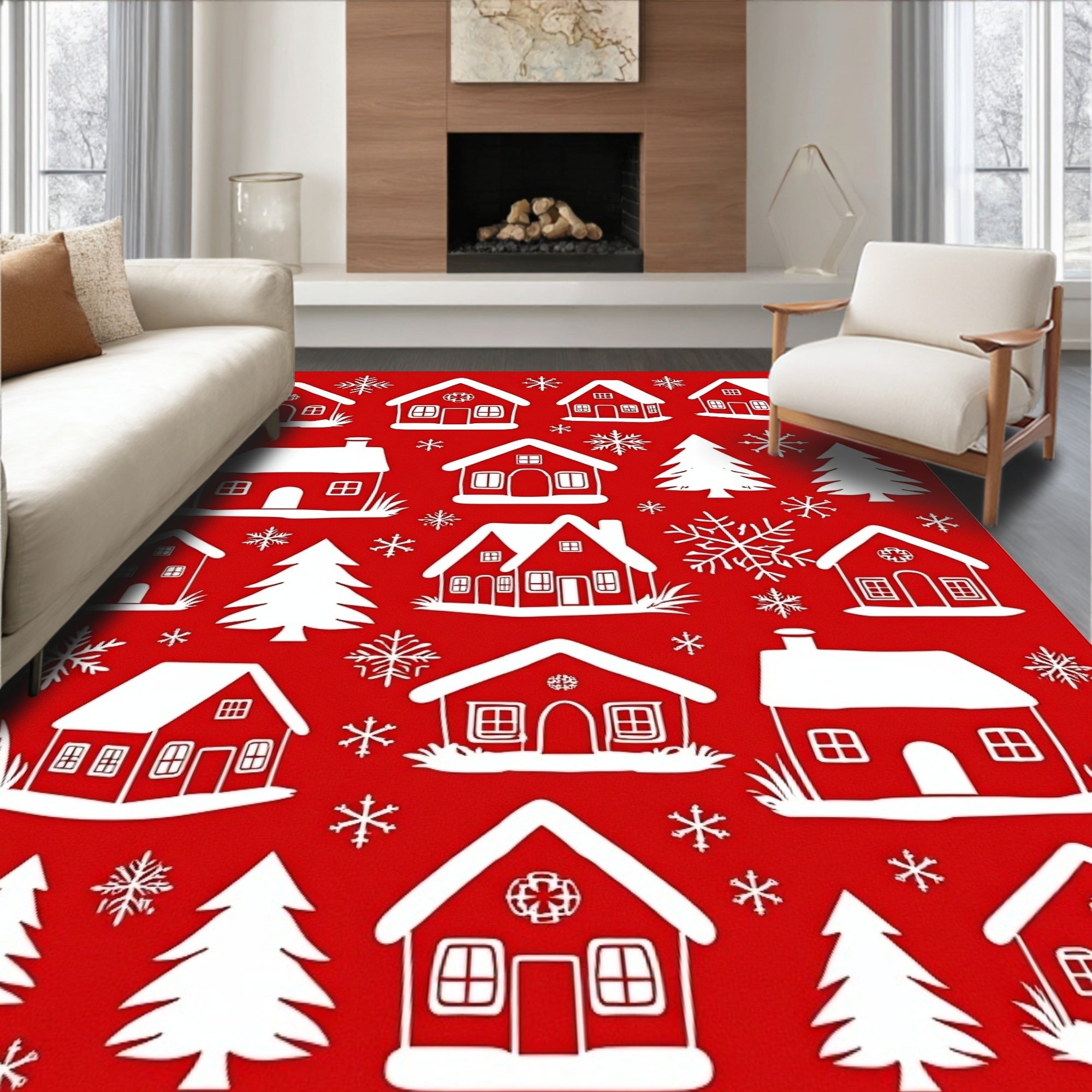 Festive Red Winter Village Snowflakes Rug