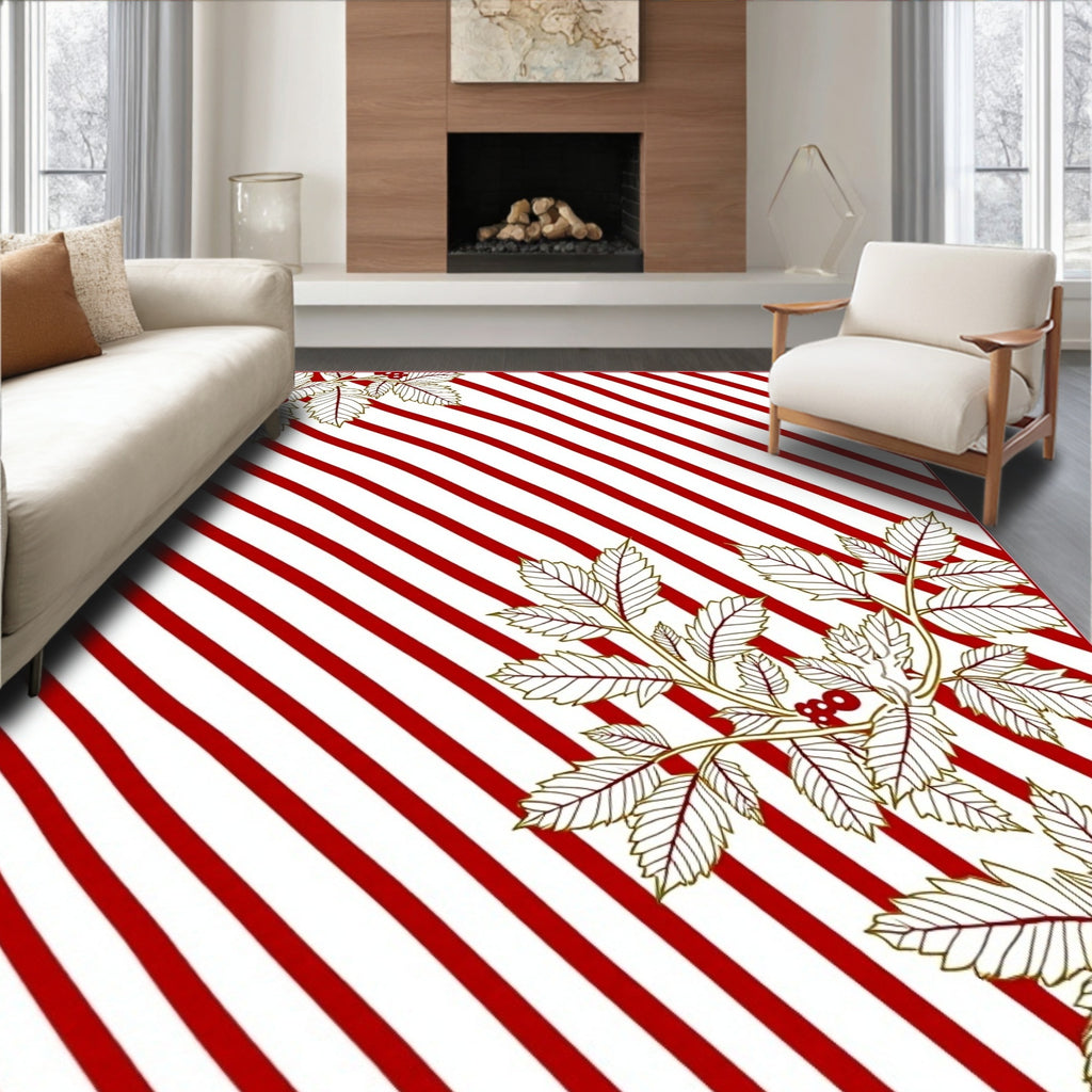 Festive Red Stripe Botanical Corner Rug