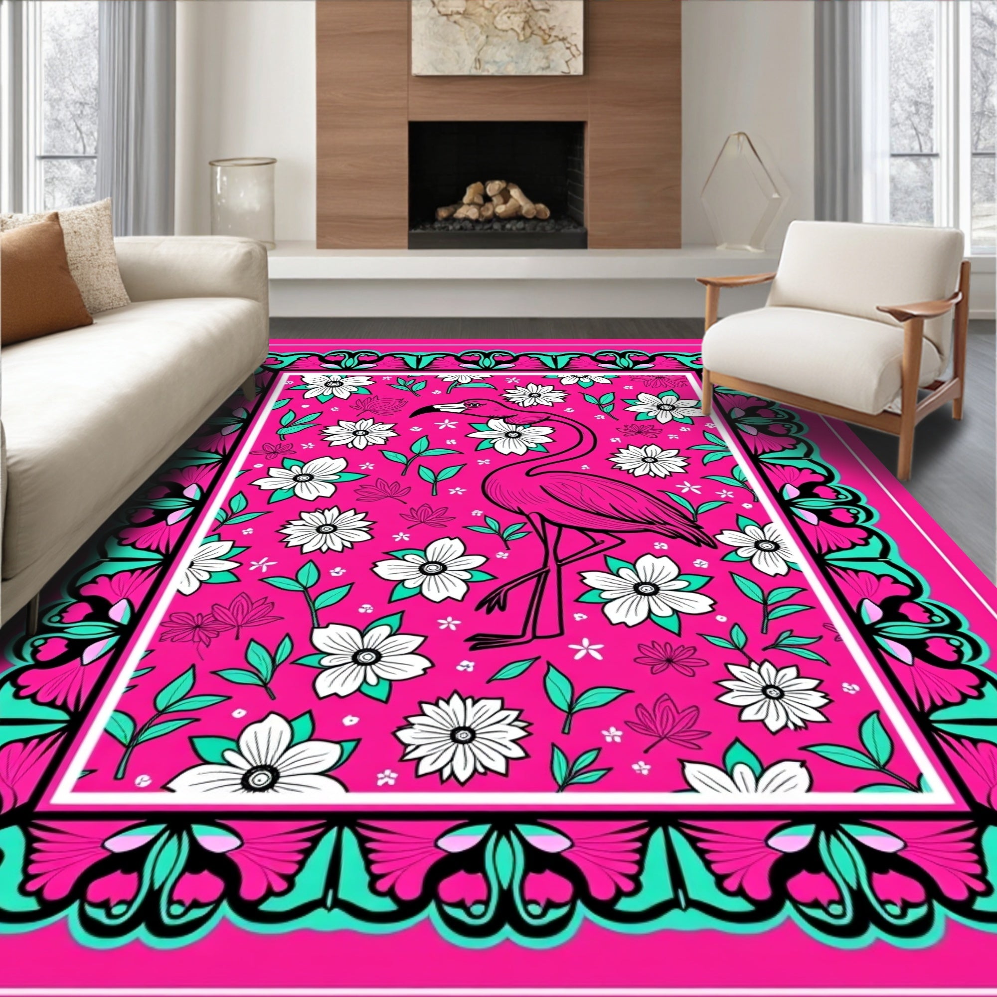 Vibrant Pink Flamingo Floral Meadow Rug