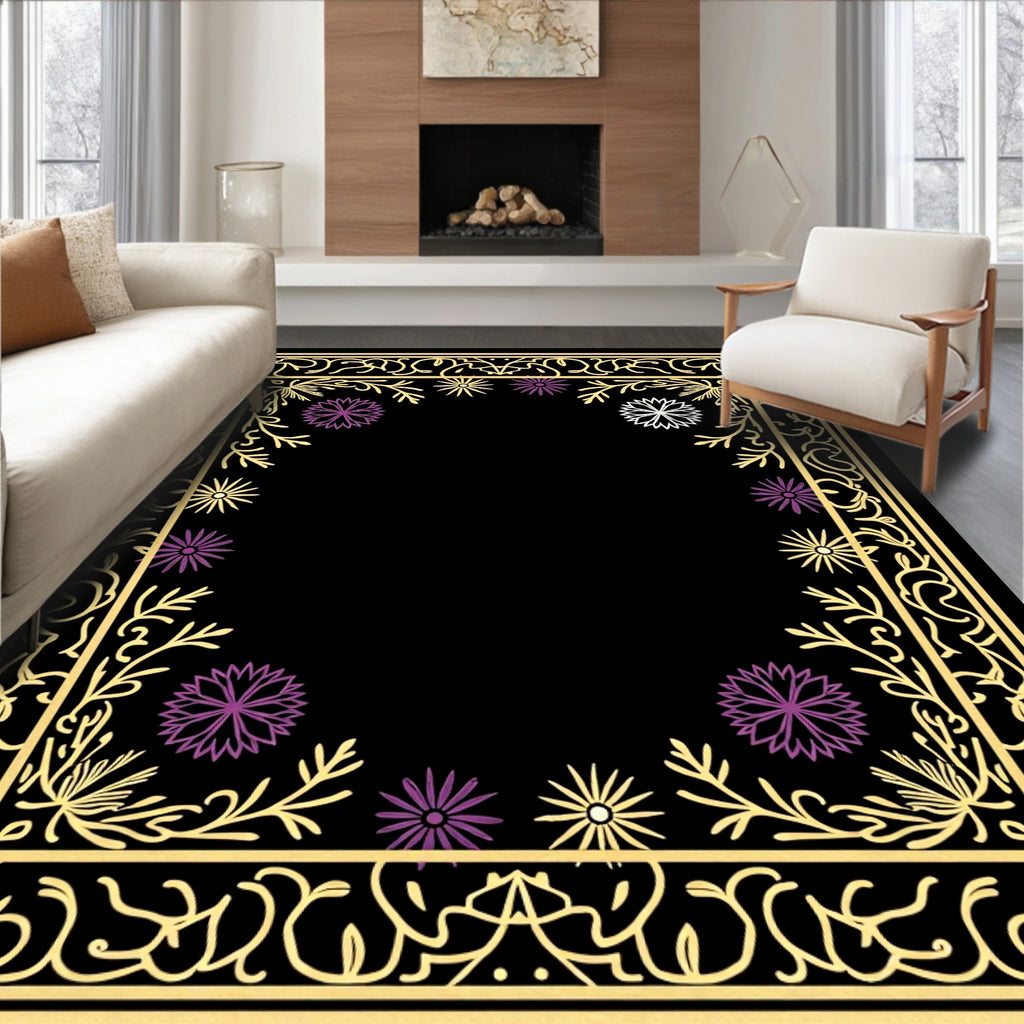 Golden Filigree Purple Flower Frame Rug