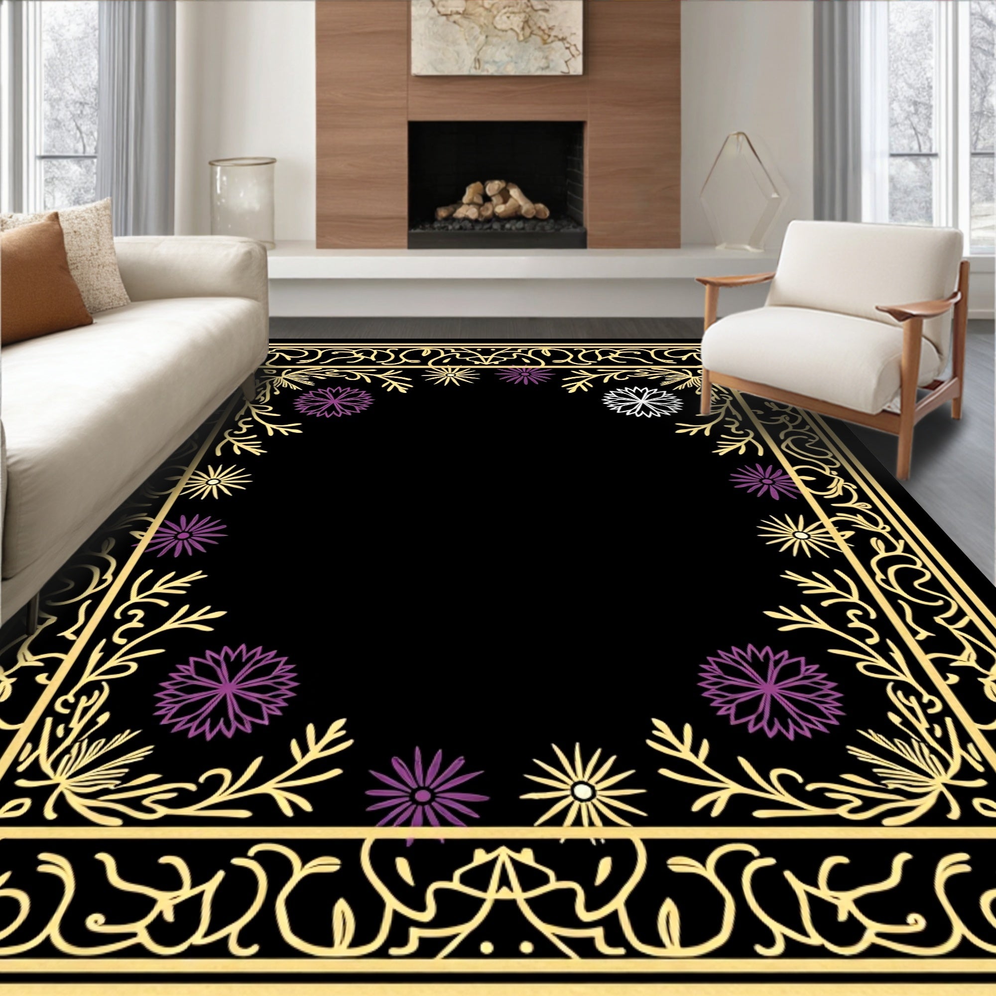Golden Filigree Purple Flower Frame Rug