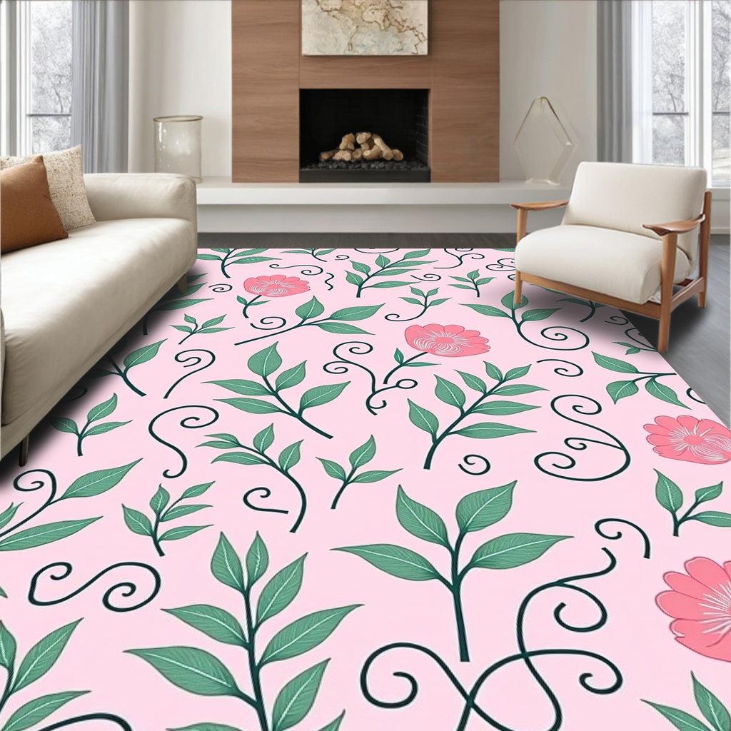 Pink Floral Green Leaf Swirls Rug
