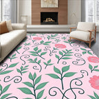 Pink Floral Green Leaf Swirls Rug