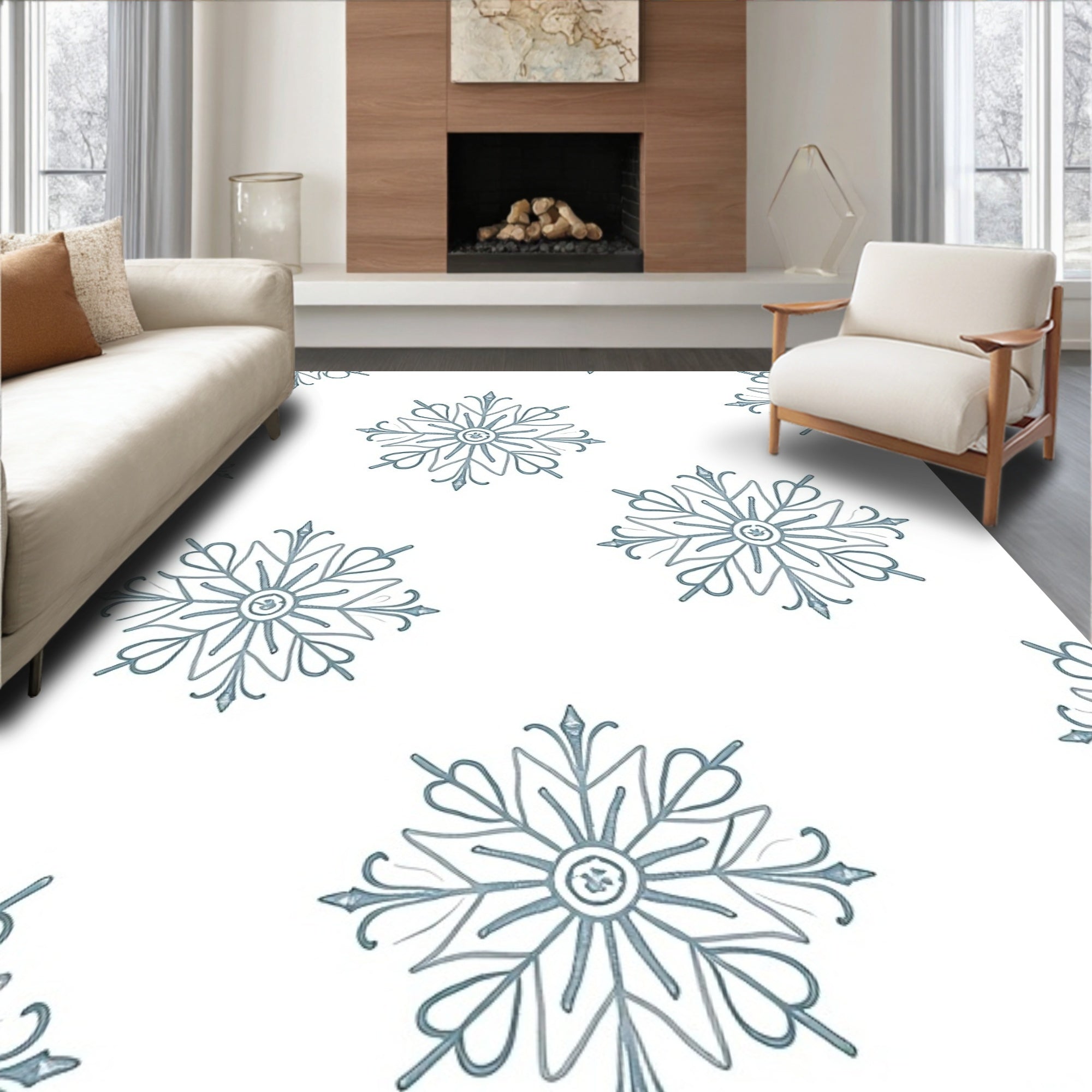 Winter Blue Snowflake Medallion Rug
