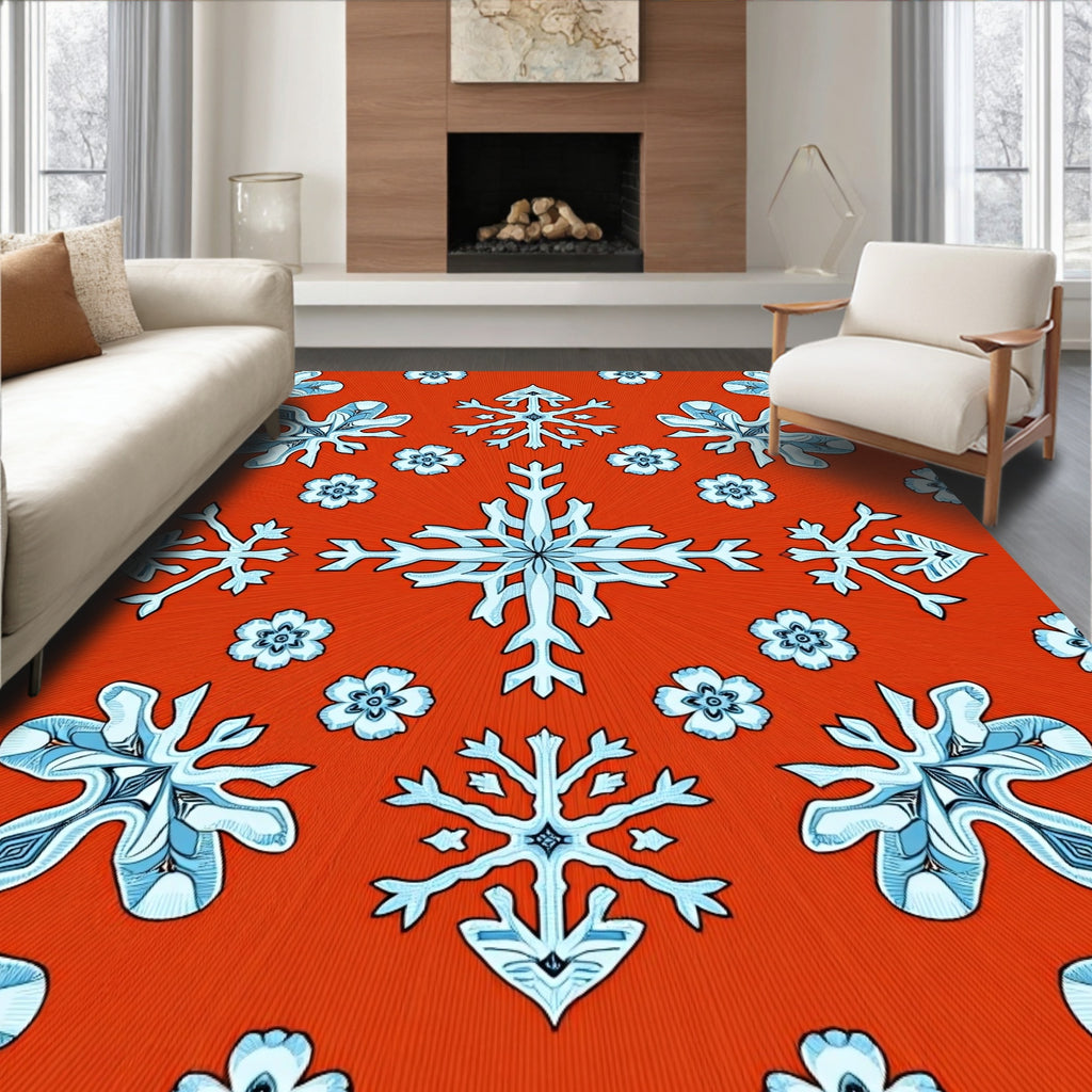 Crimson Snowflakes with Blue Floral Accents Rug