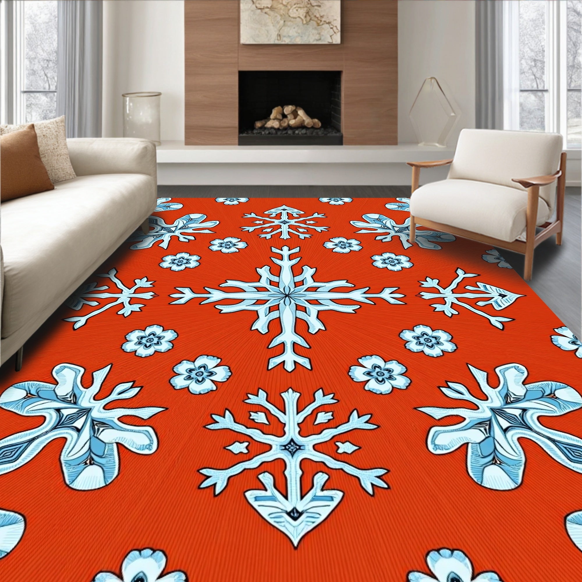Crimson Snowflakes with Blue Floral Accents Rug