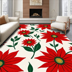 Festive Red Poinsettia Floral Foliage Rug