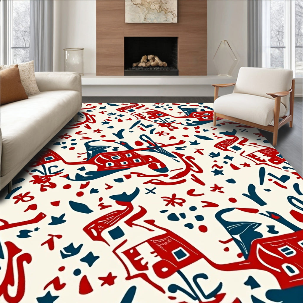 Bold Red Blue Whimsical Folk Art Rug