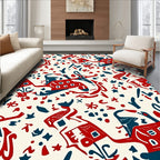 Bold Red Blue Whimsical Folk Art Rug