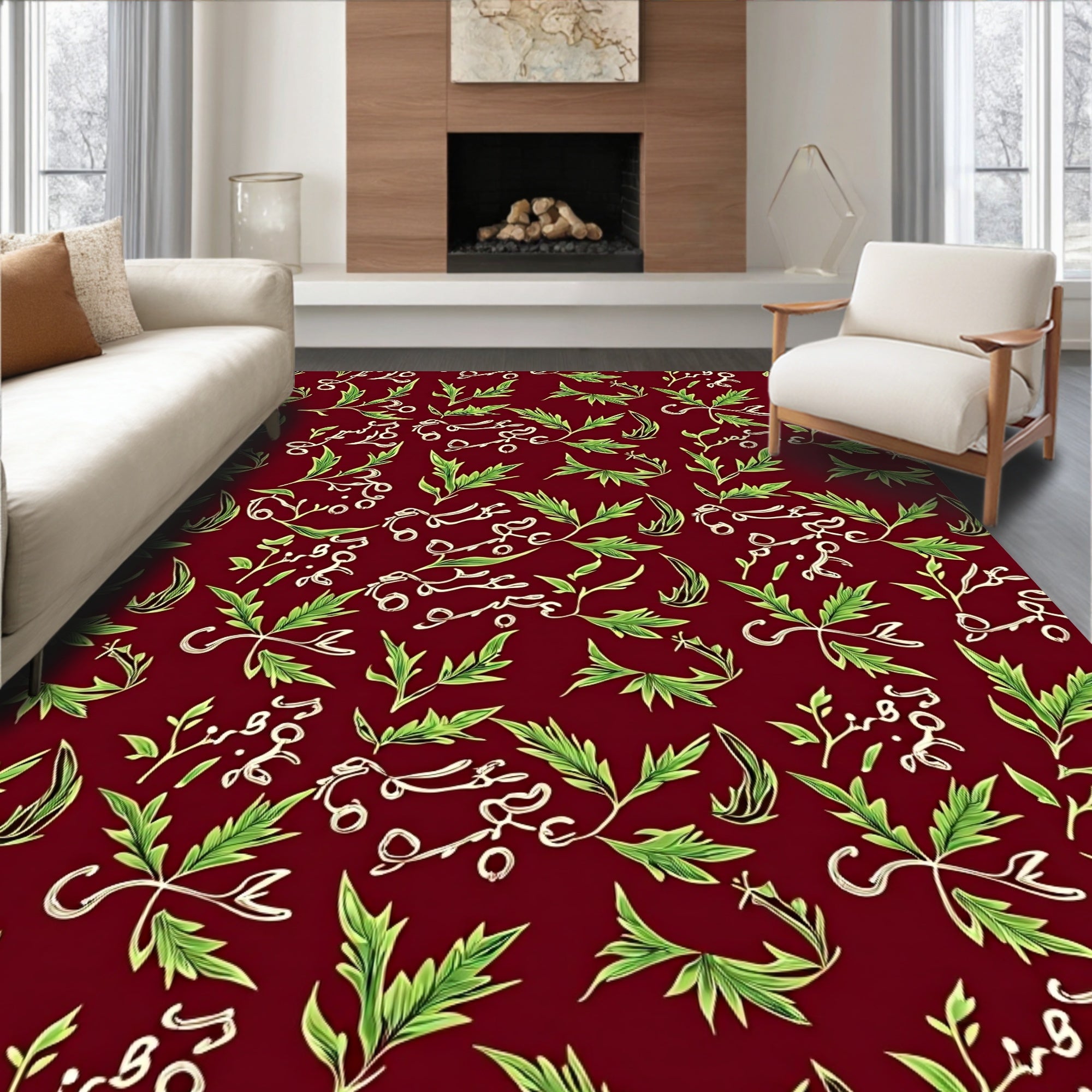 Crimson Vine Calligraphy Garden Rug