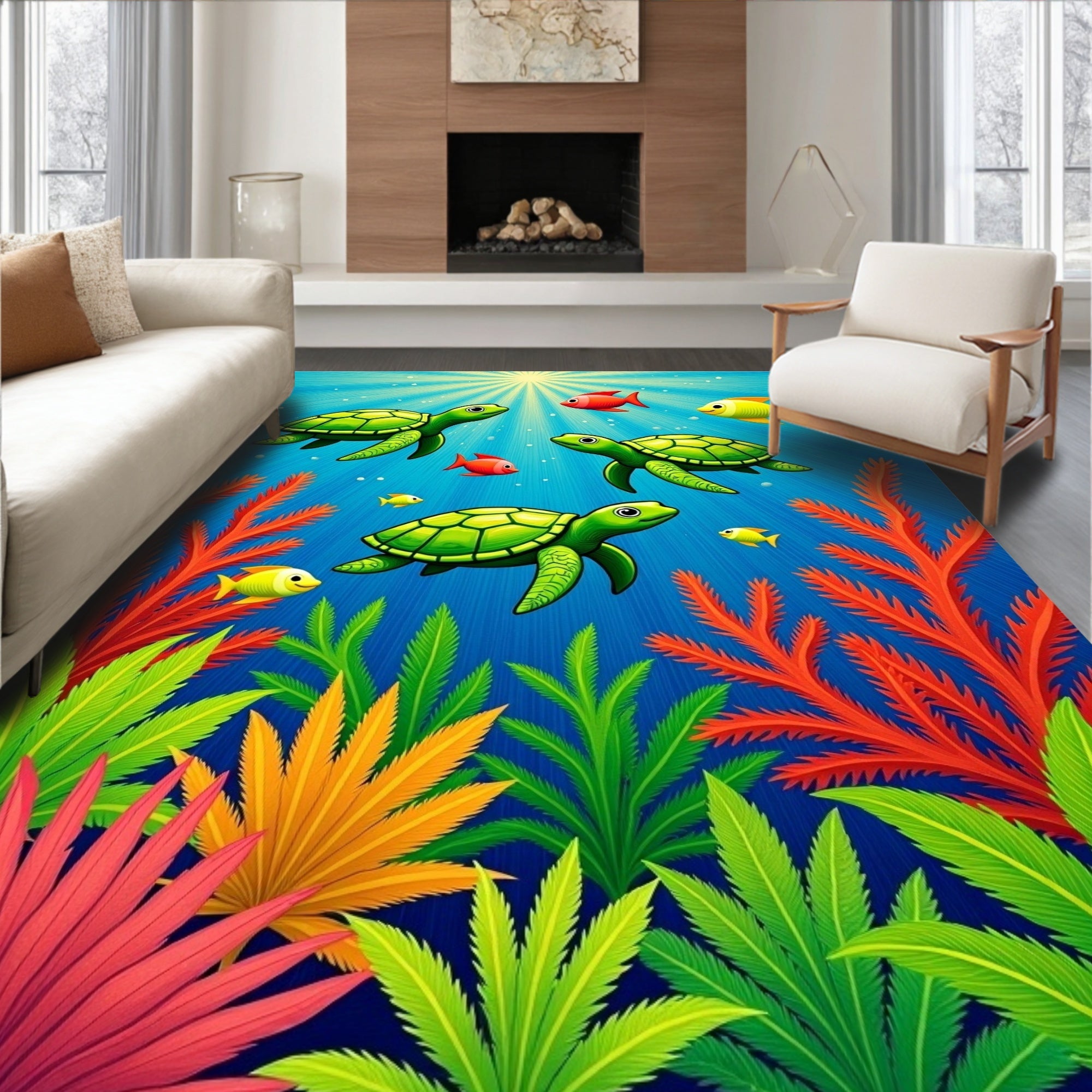 Bright Sea Turtles Coral Reef Fish Rug