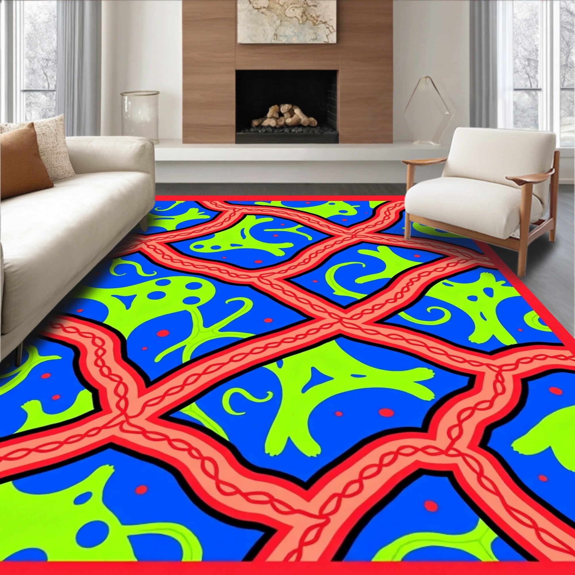 Vibrant Blue Abstract Organic Forms Rug