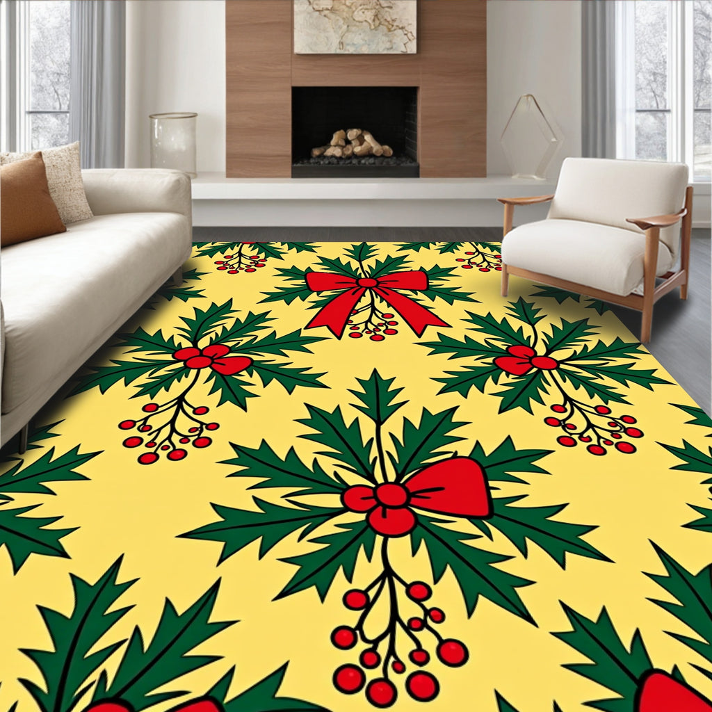 Festive Holly Berries Red Bow Rug