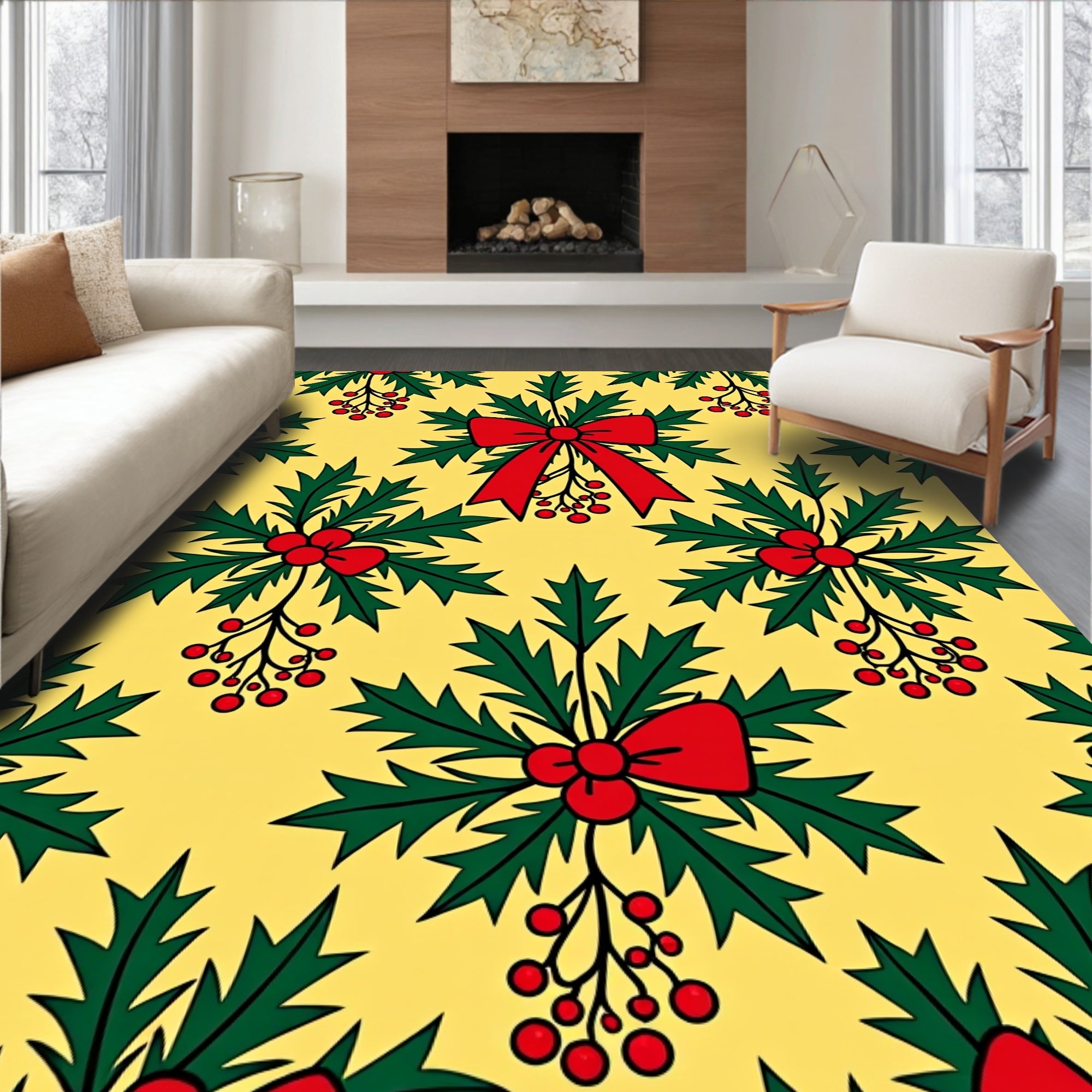 Festive Holly Berries Red Bow Rug