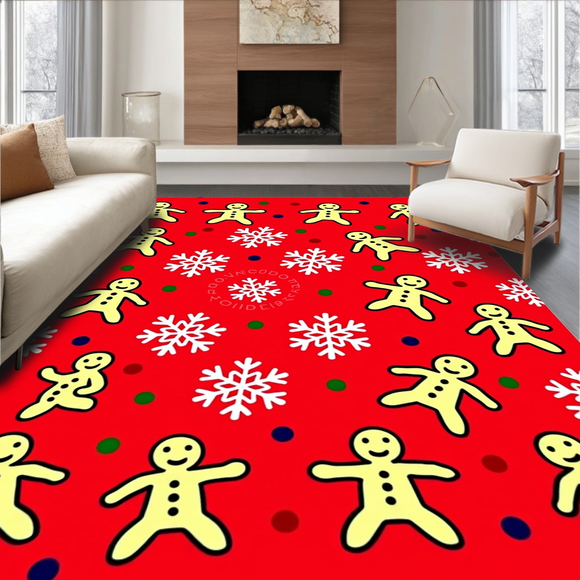 Festive Red Gingerbread Snowflakes Scattering Rug