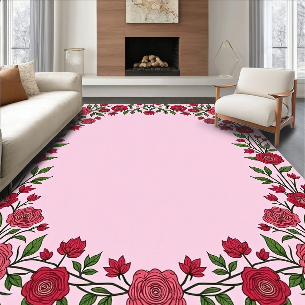 Romantic Red Rose Garland Border Rug