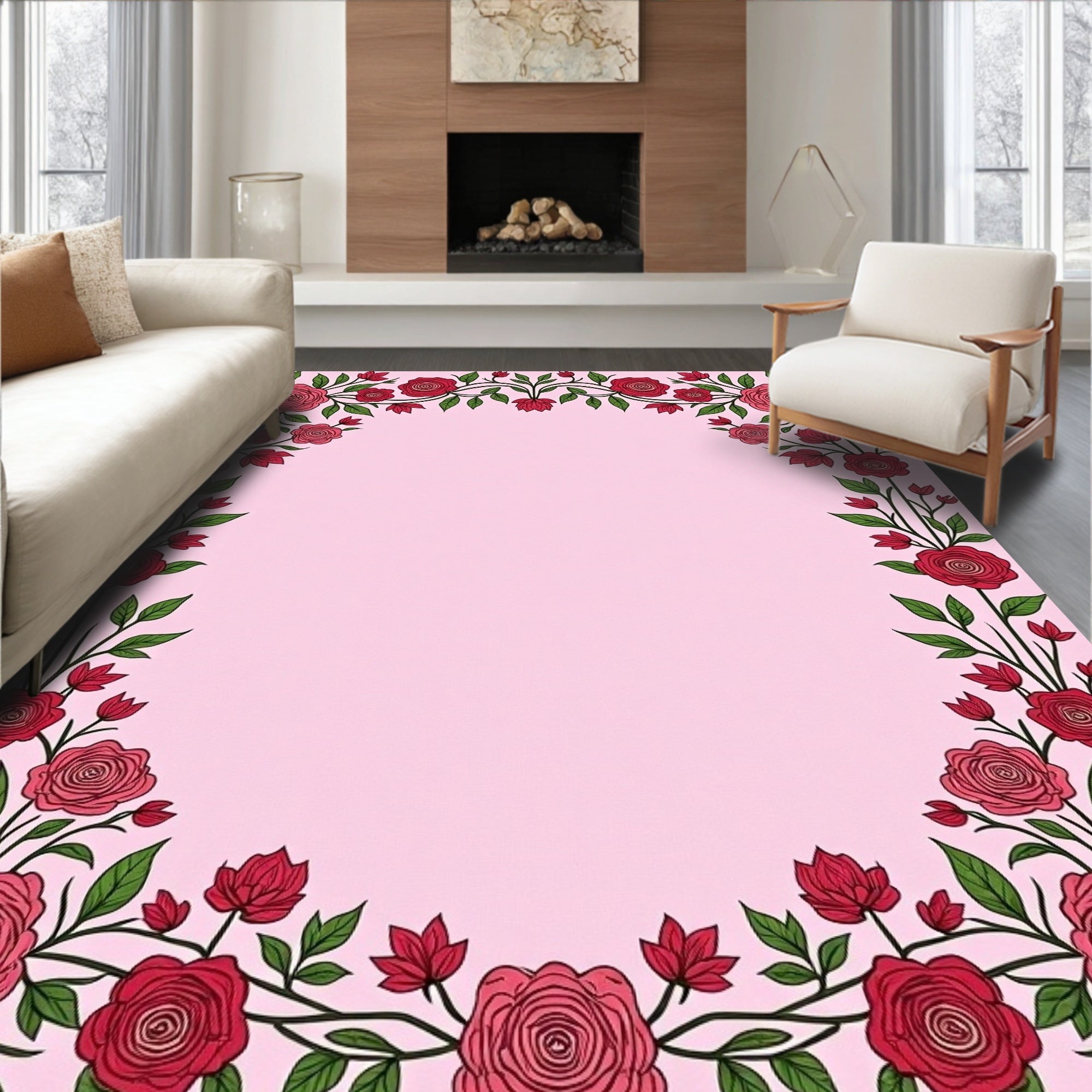 Romantic Red Rose Garland Border Rug