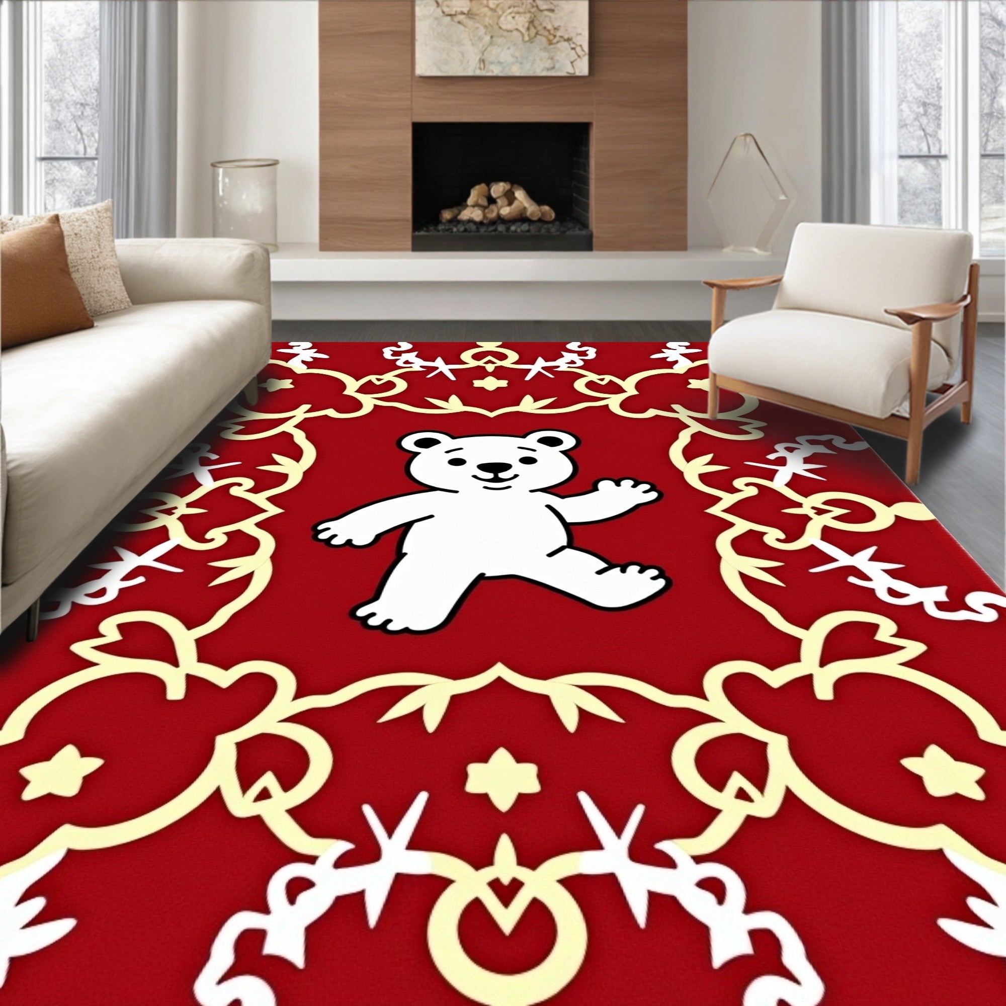 Crimson white bear floral medallion Rug