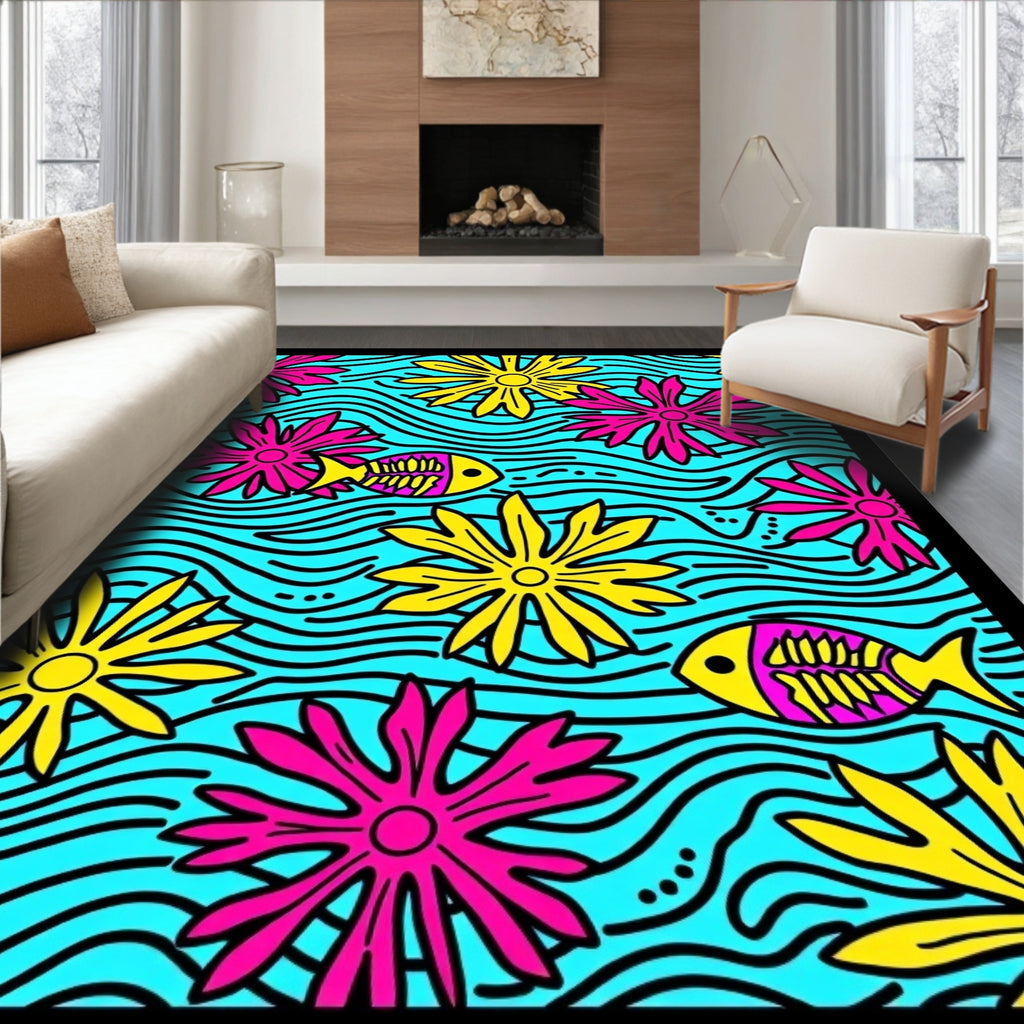 Bright Yellow Pink Flower Fish Aqua Rug