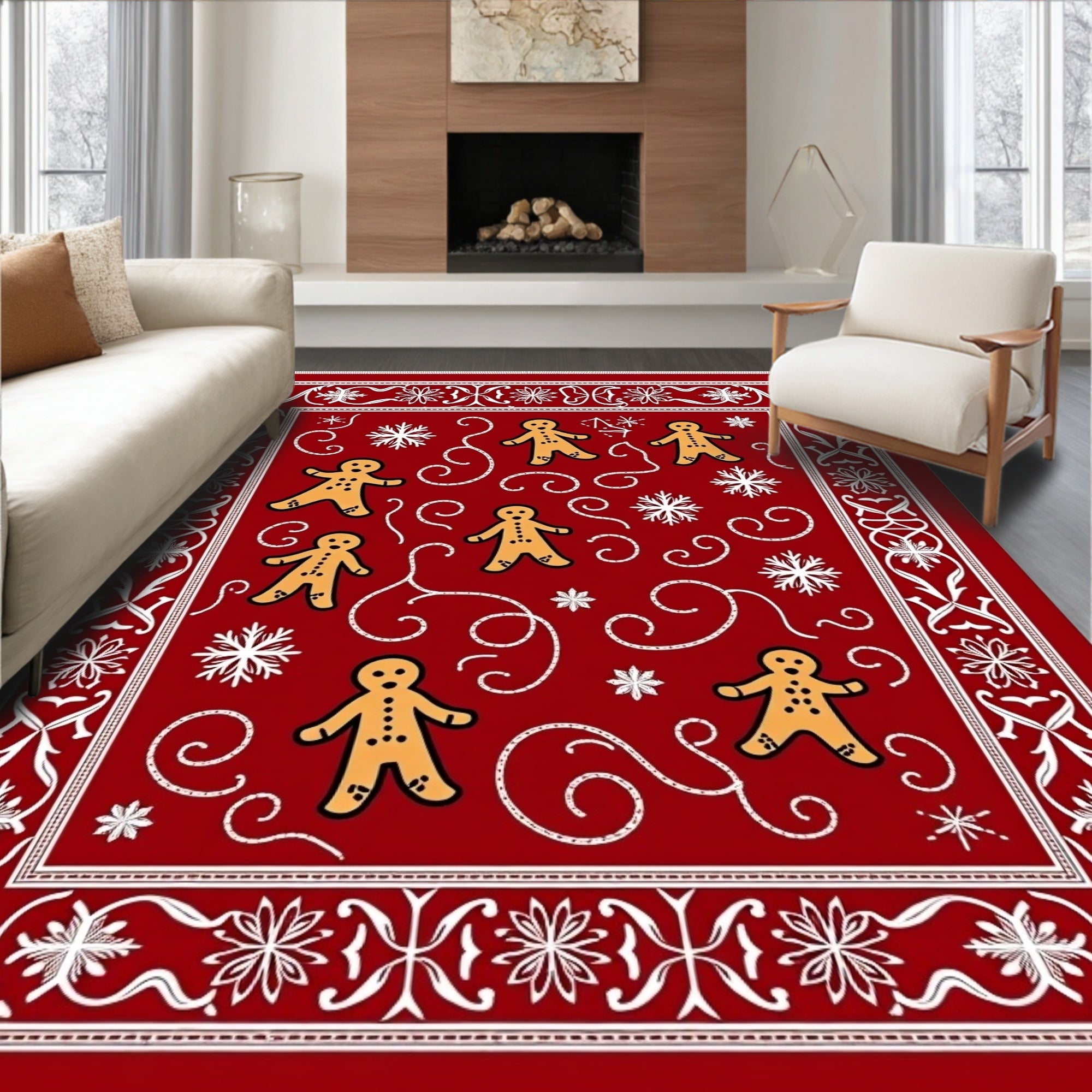 Festive Red Gingerbread Snowflake Border Rug