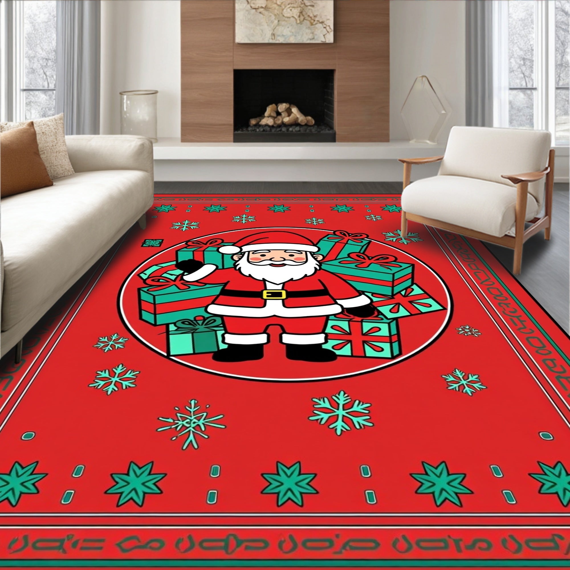 Cheerful Santa Gifts Snowflakes Red Rug