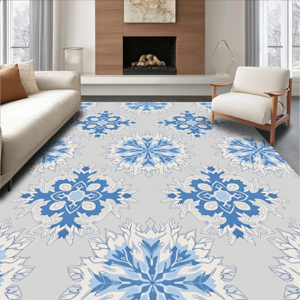 Mandala Blue Floral Gray Background Rug