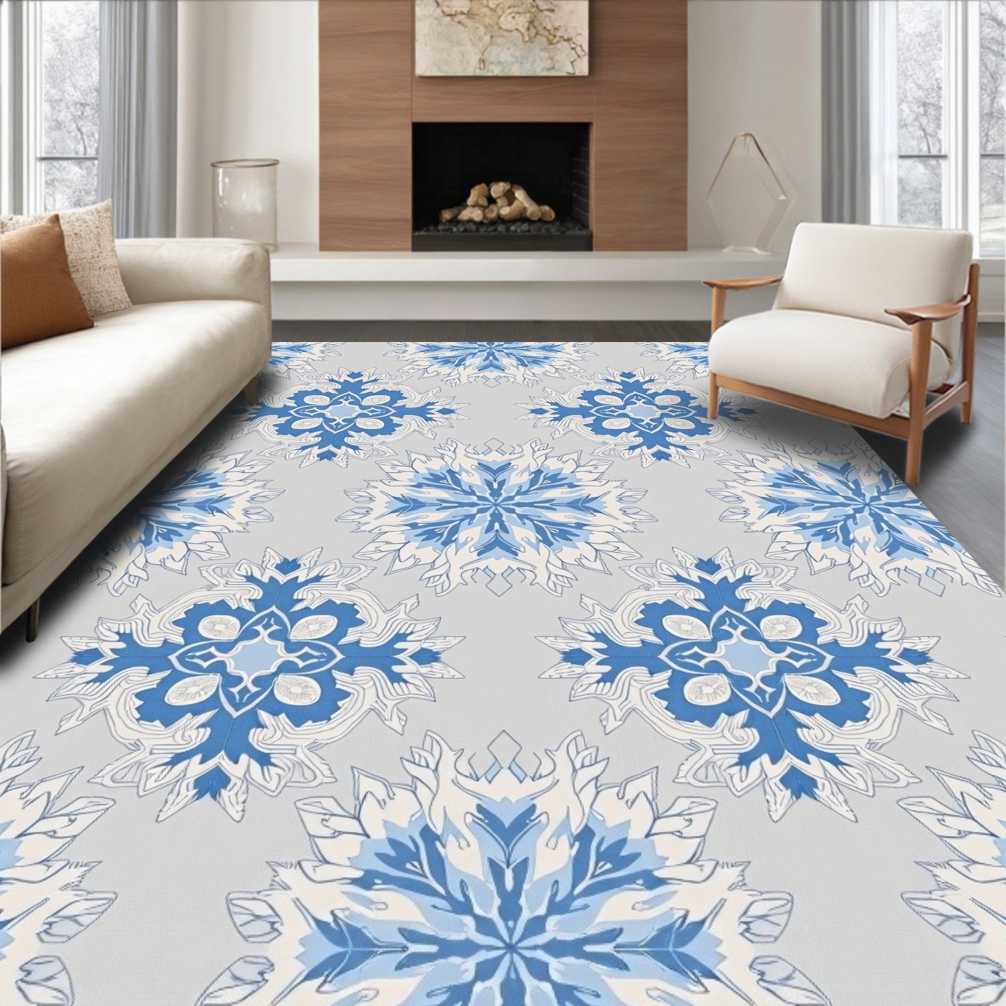 Mandala Blue Floral Gray Background Rug
