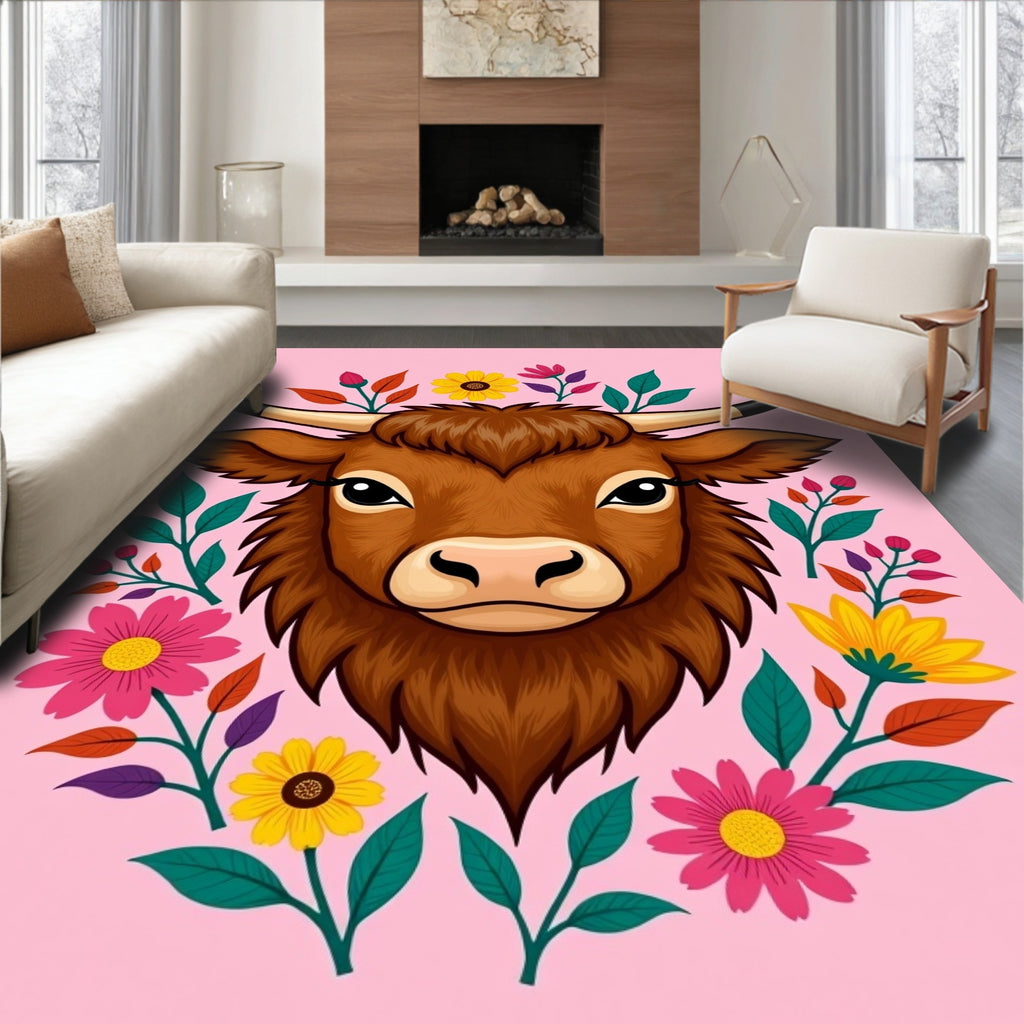 Brown Highland Cow Floral Wreath Rug