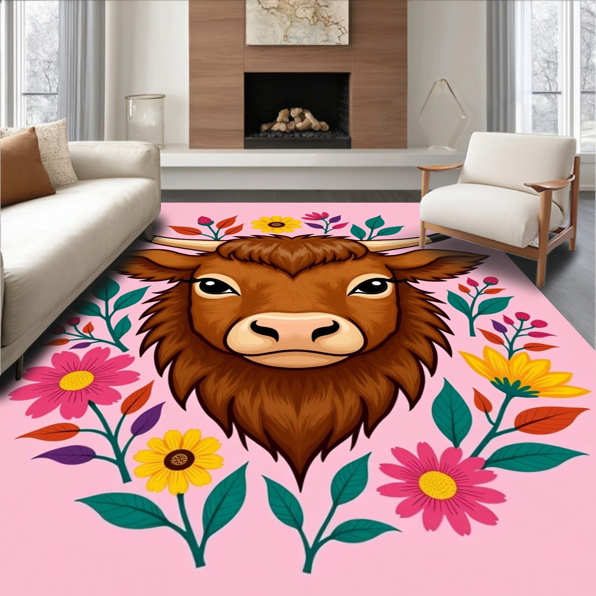 Brown Highland Cow Floral Wreath Rug