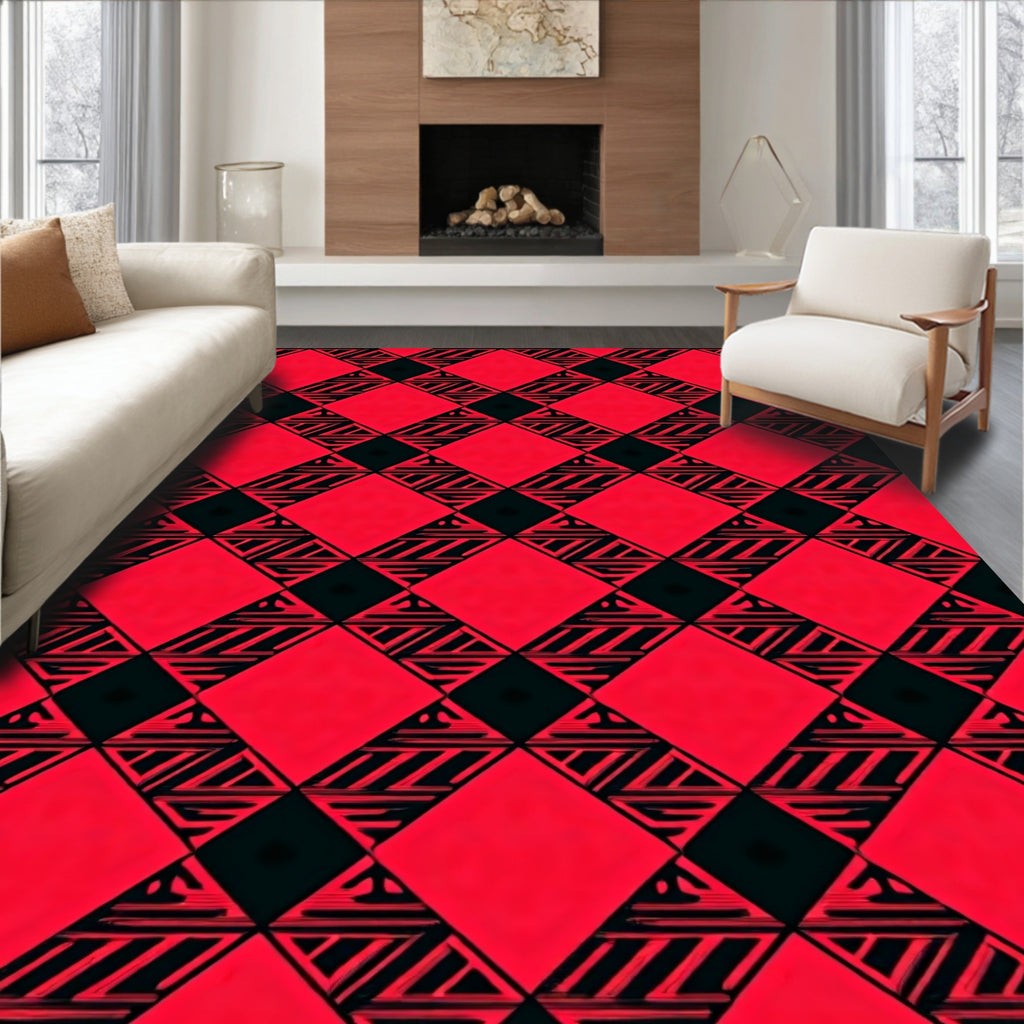 Bold Red Geometric Diamond Check Rug