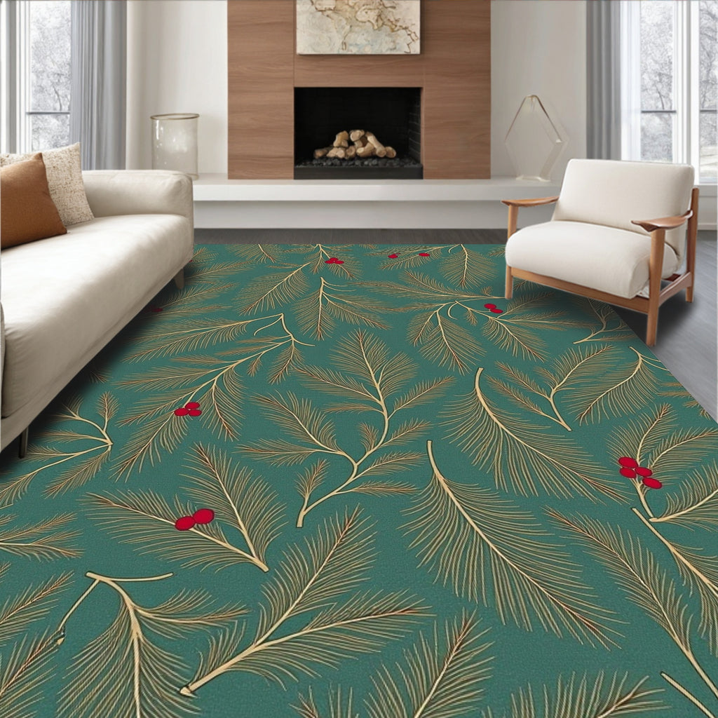 Teal Pine Branch Red Berry Rug