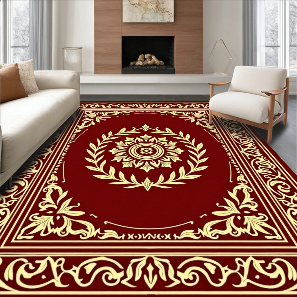 Regal Crimson Gold Floral Medallion Border Rug