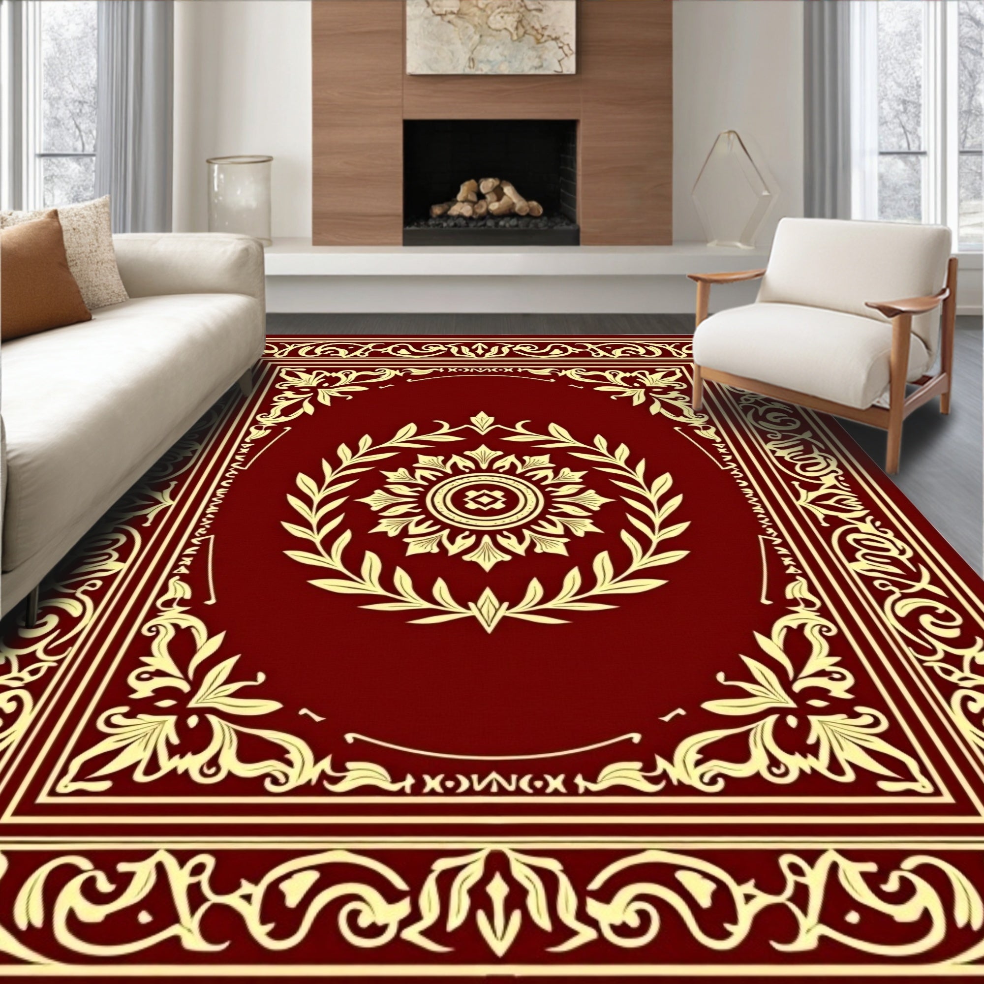 Regal Crimson Gold Floral Medallion Border Rug