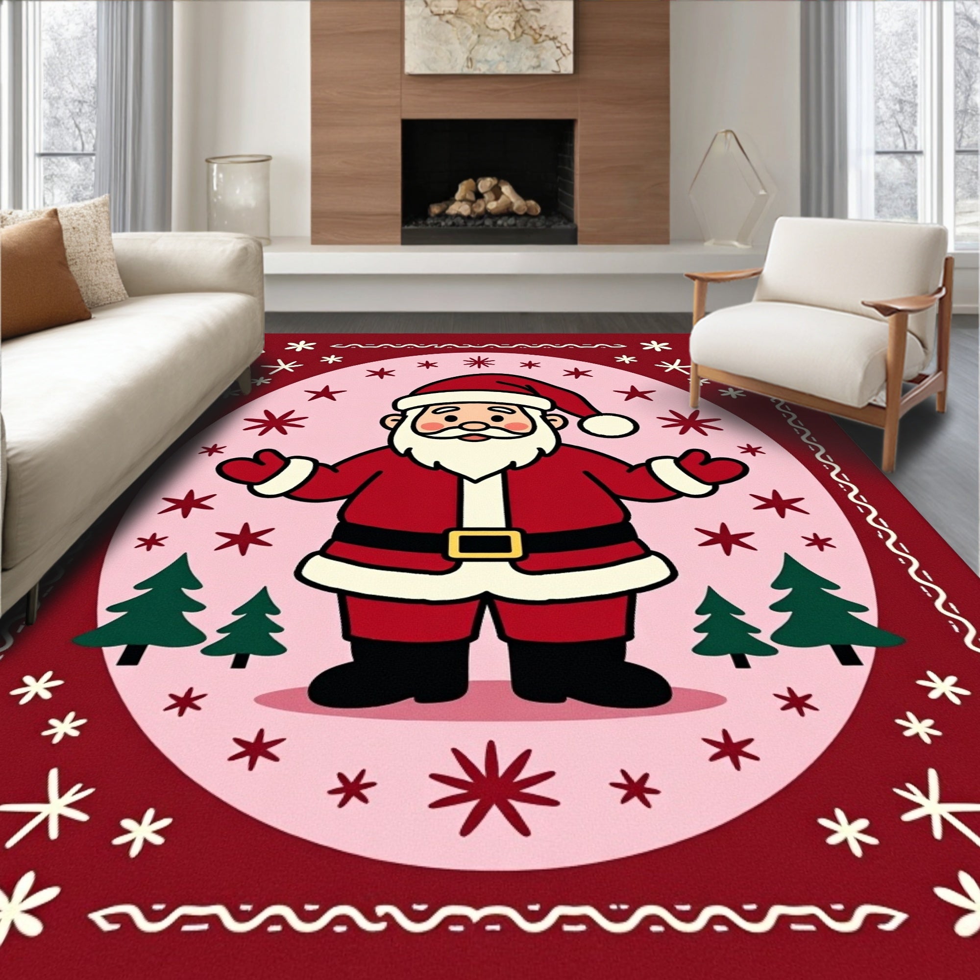 Cute Santa Claus with Trees and Snowflakes Rug