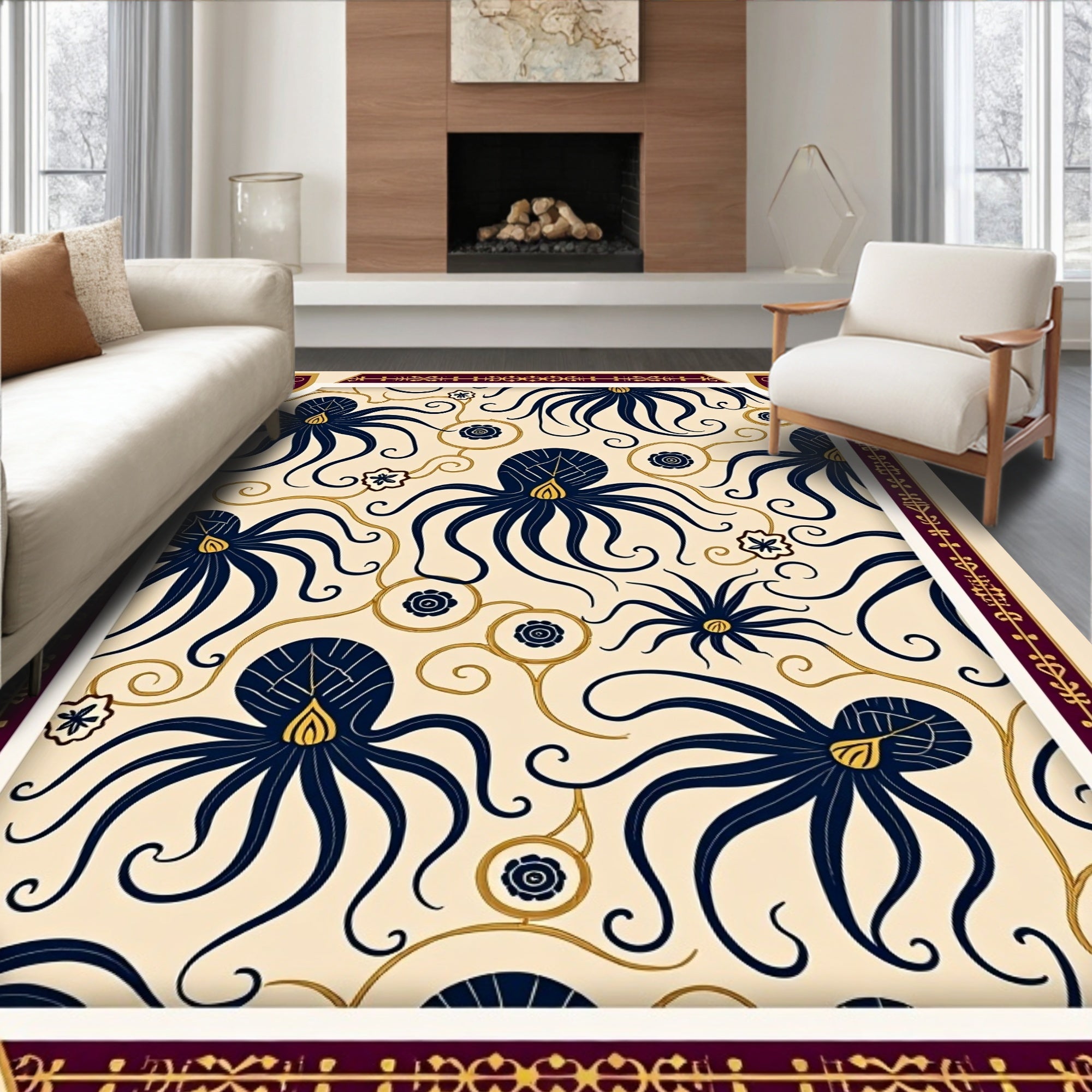 Navy Octopus Swirls Cream Rug